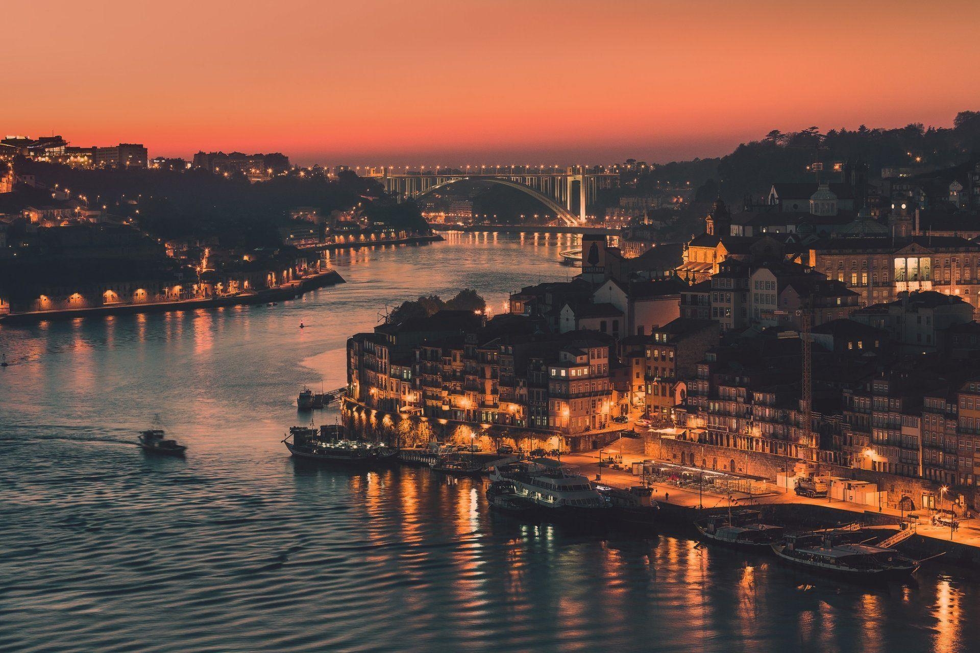 1920x1280 portugal town porto night lights river channel bridge HD wallpaper, Desktop