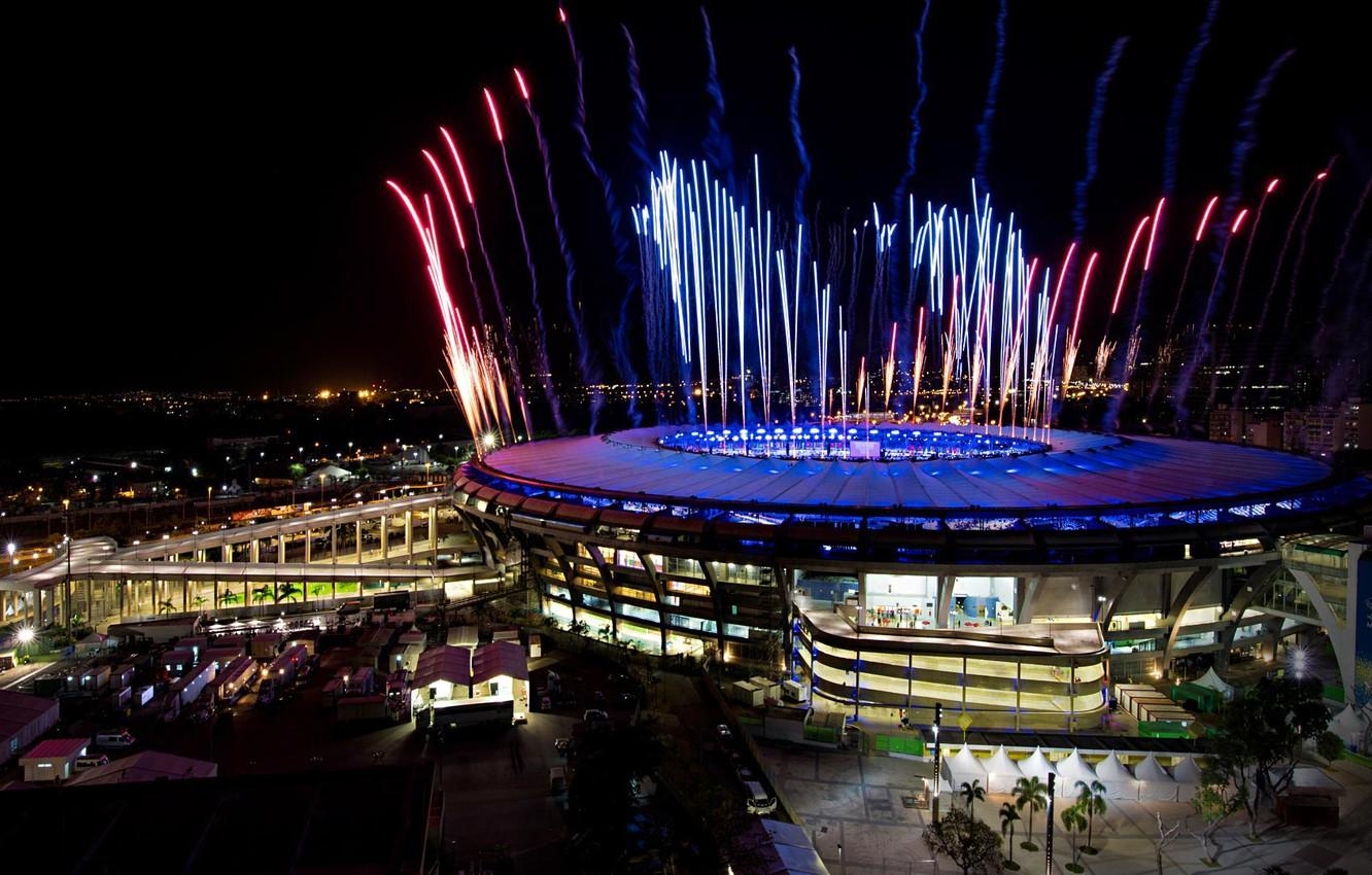 1340x850 Wallpaper salute, fireworks, Brazil, Rio de Janeiro, stadium, Desktop