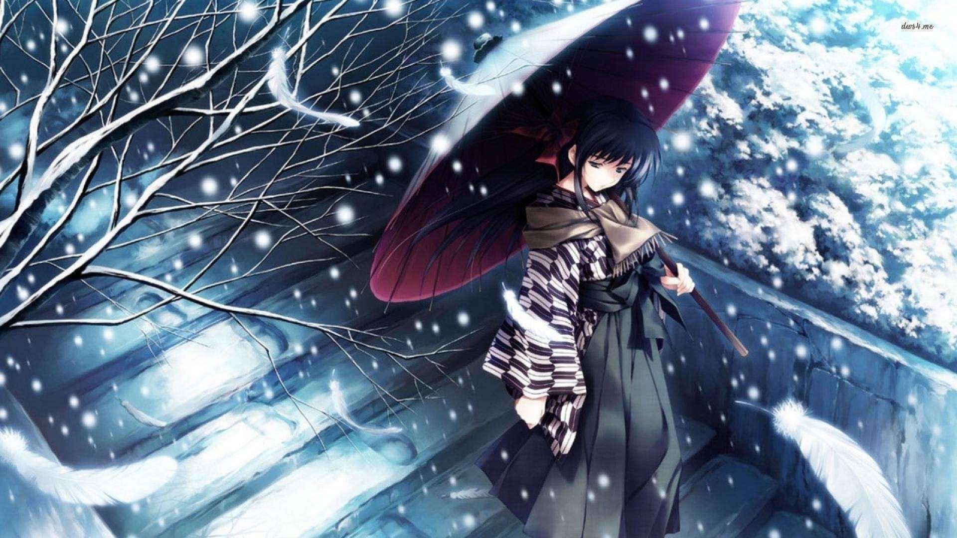 1920x1080 snow, Tree, Kimono, Girl, Alone, Sad, Anime, Blue Wallpaper HD, Desktop