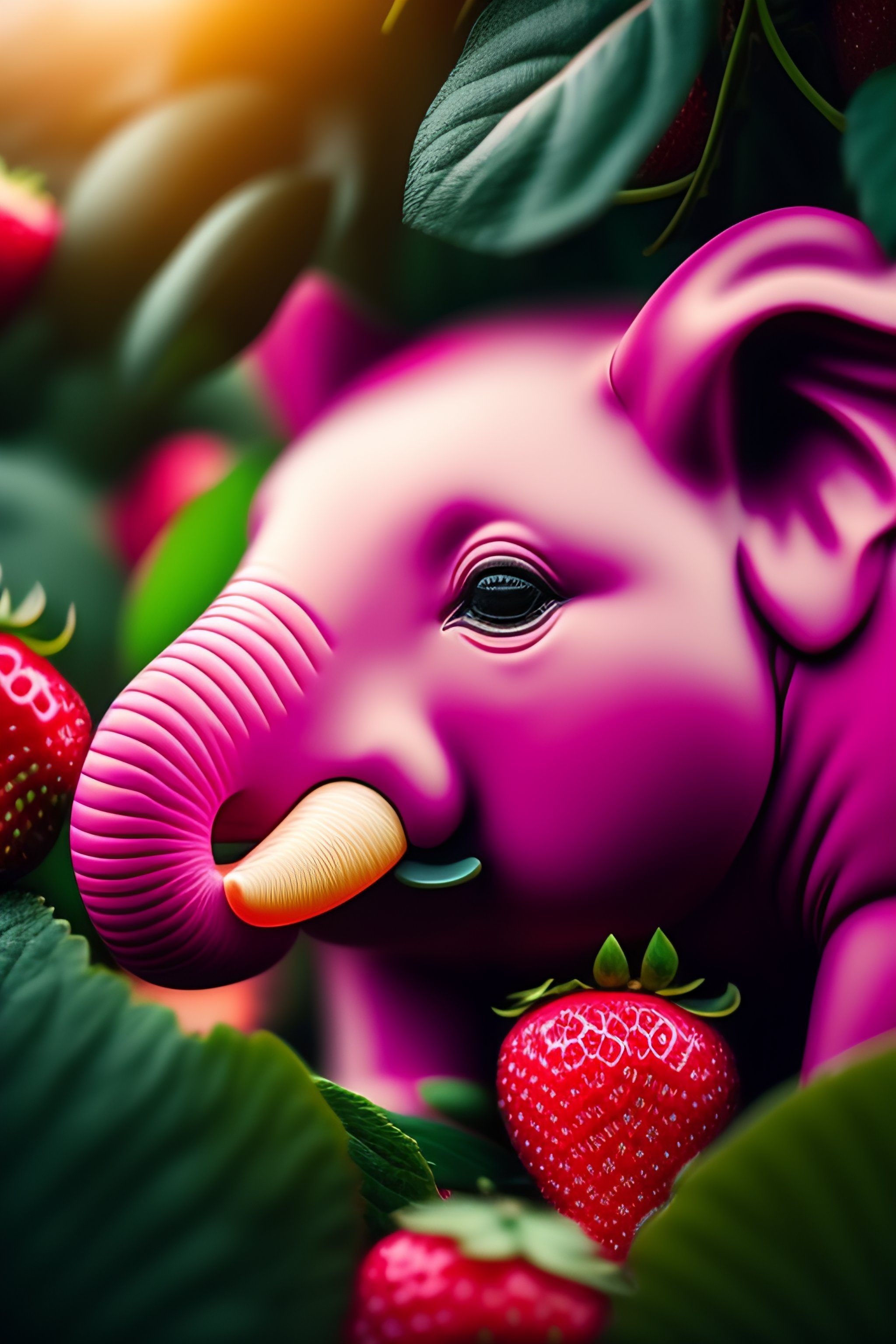 2050x3080 Pink elephant hiding under a strawberry plant, realistic, detailed, cinematic, Phone