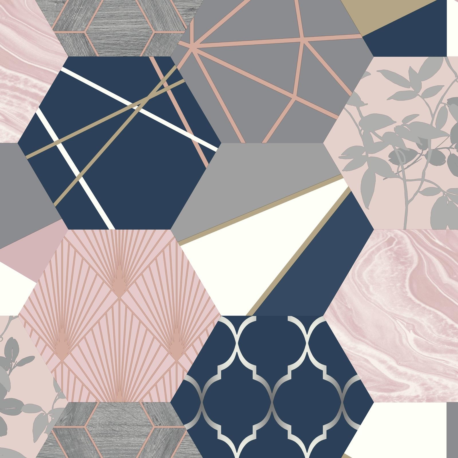 1600x1600 Patchwork Geometric Hexagon Navy Pink 215908 Rasch Wallpaper Metallic Honeycomb Online, Phone