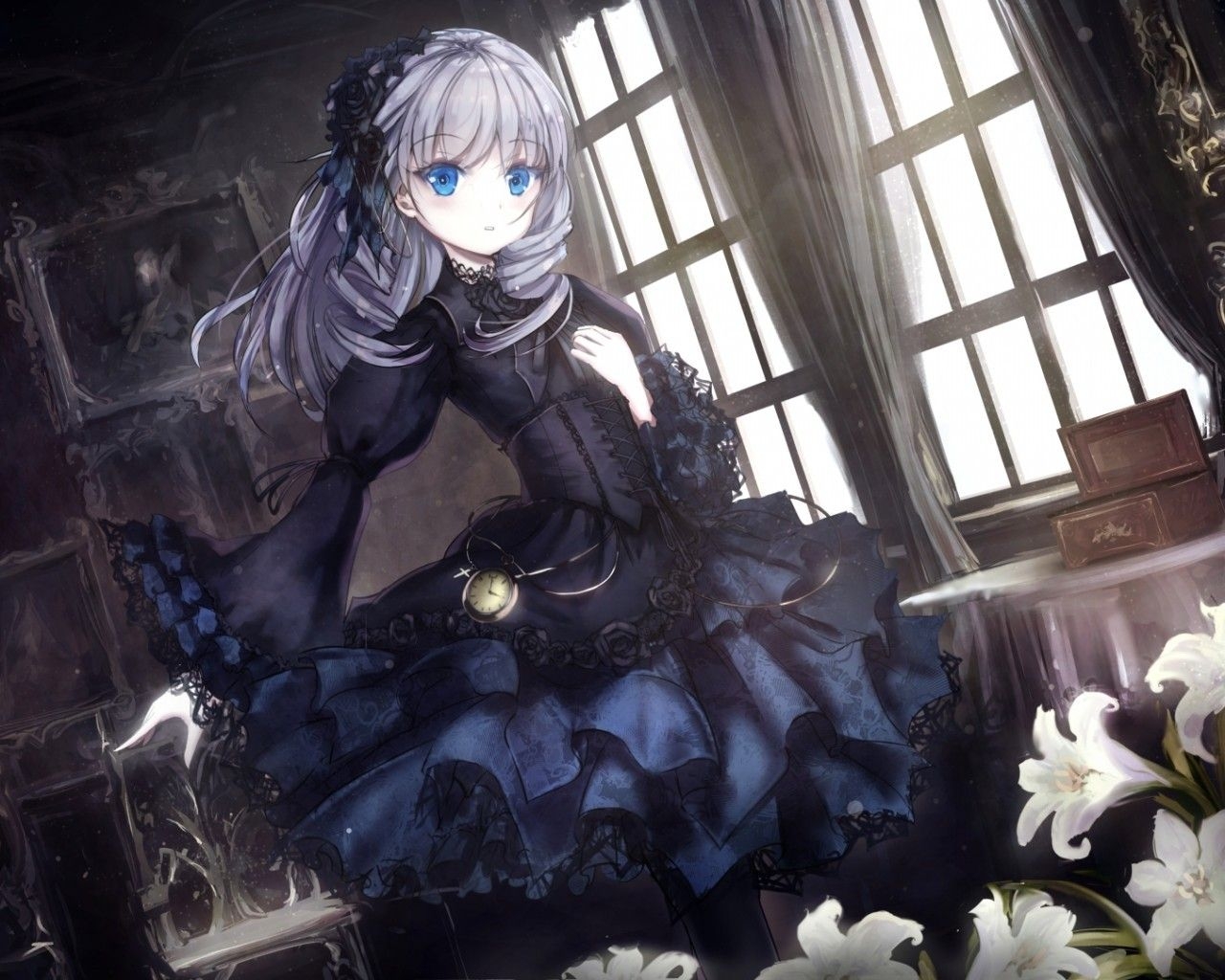 1280x1030 Download  Anime Girl, Gothic, Loli, White Hair, Blue Eyes, Desktop