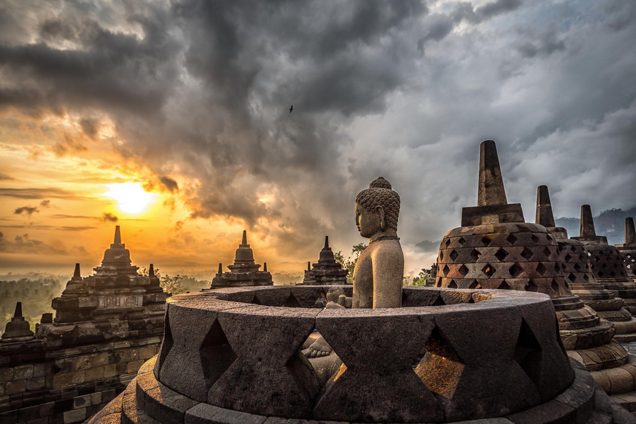 2050x1370 Borobudur, sunset, Java, Indonesia. Wanderlust. Indonesia, Java, Rocas, Desktop