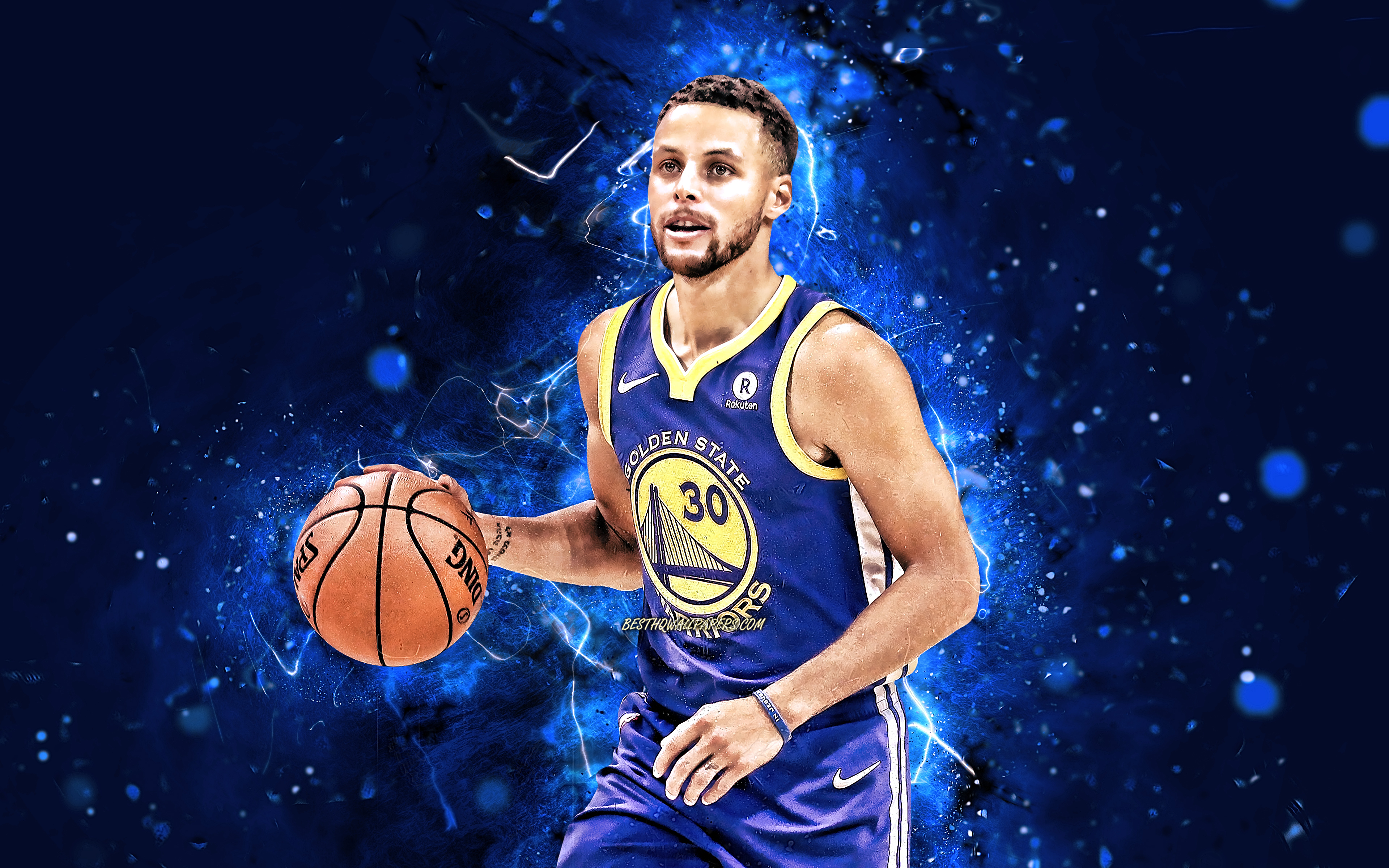 3840x2400 Download wallpaper 4k, Stephen Curry, NBA, Golden State Warriors, basketball stars, Steph Curry, blue neon lights, Stephen Curry Golden State Warriors, basketball, Stephen Curry 4K for desktop with resolution. High, Desktop