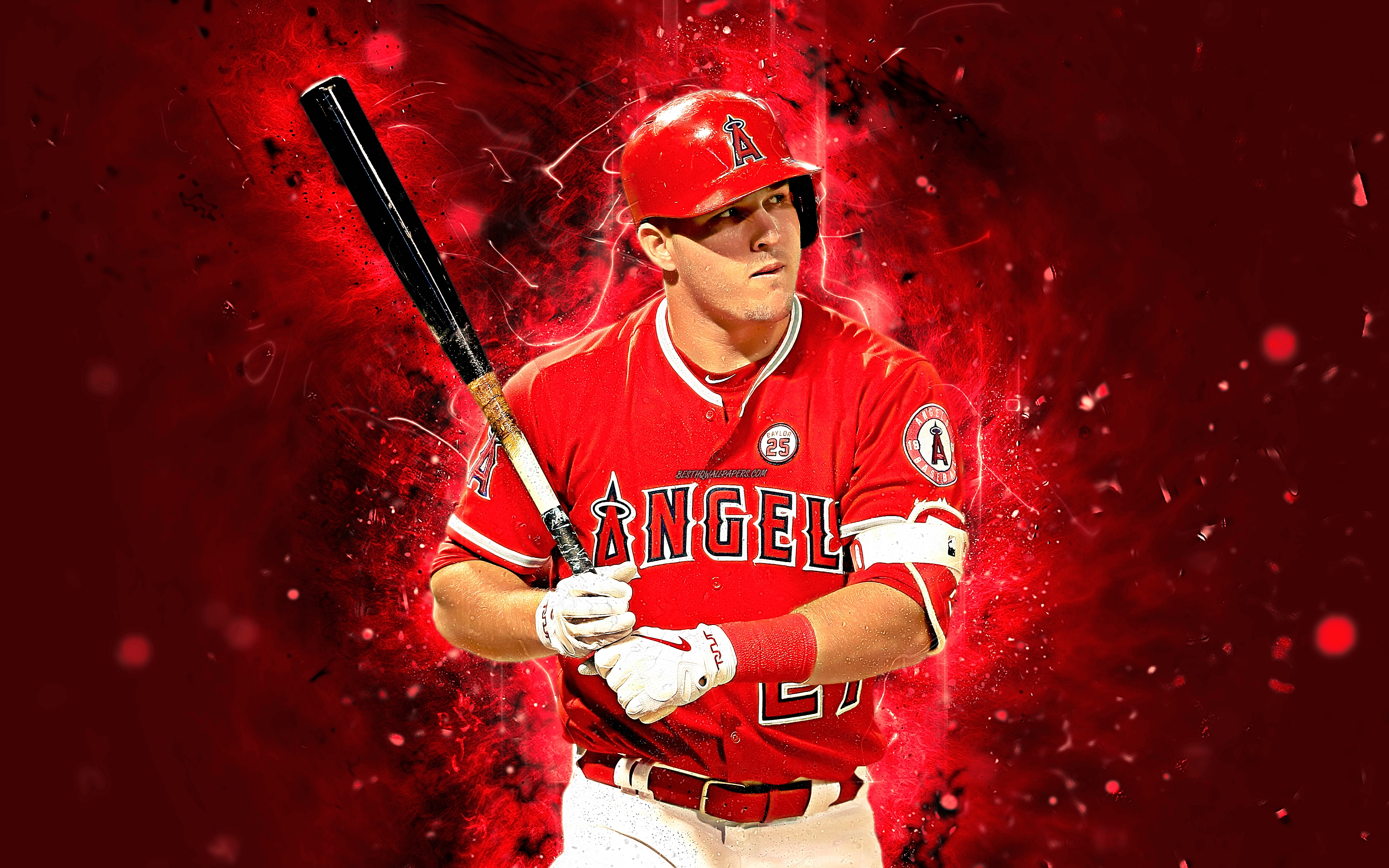 3840x2400 Download wallpaper Mike Trout, 4k, center fielder, abstract art, baseball, MLB, Los Angeles Angels, Trout, Major League Baseball, neon lights, LA Angels, creative for desktop with resolution. High Quality HD picture, Desktop