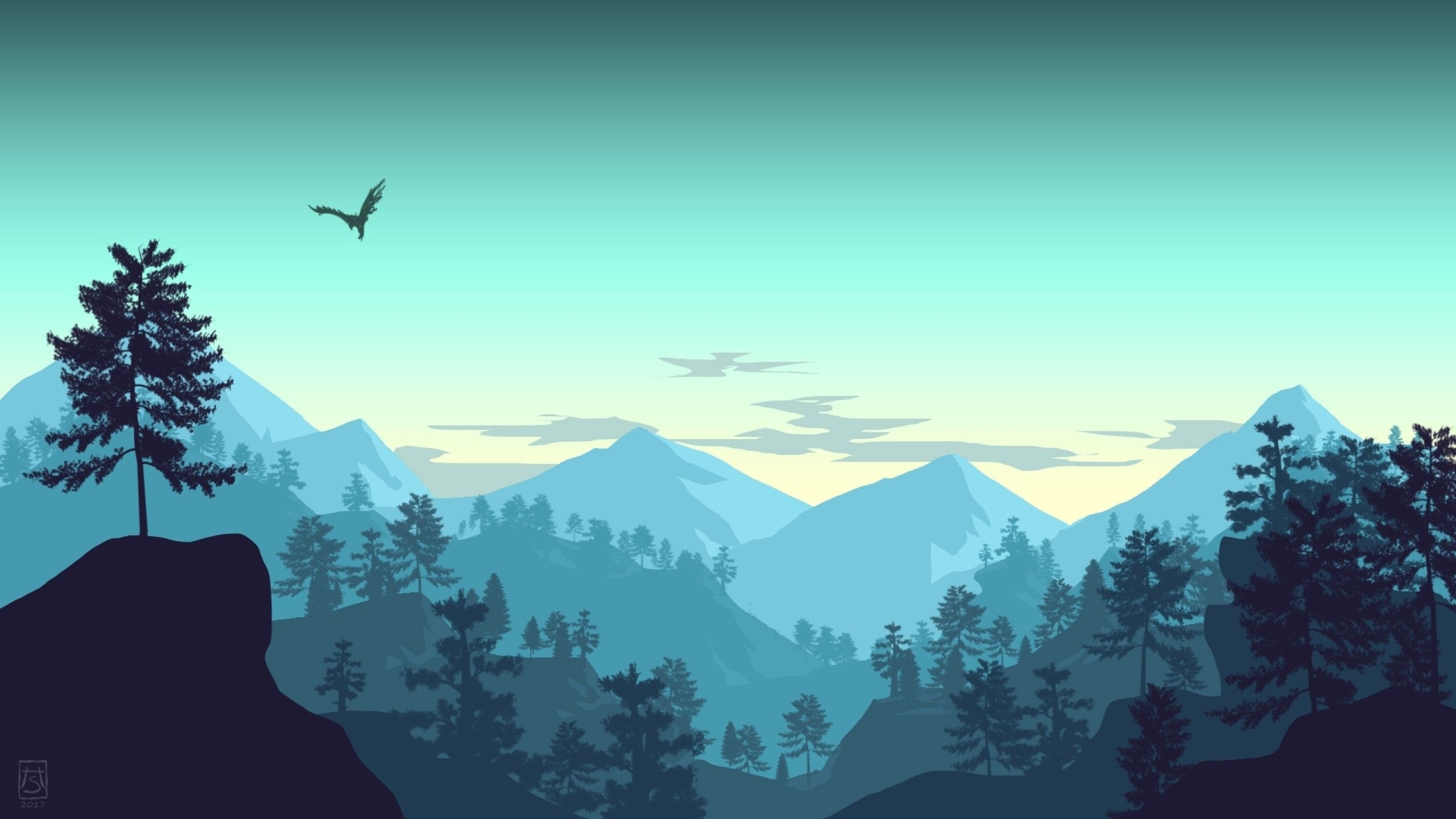 2560x1440 Minimalistic Landscape, Mountains, Forest, Bird, Sky, Landscape Desktop Background HD Wallpaper, Desktop