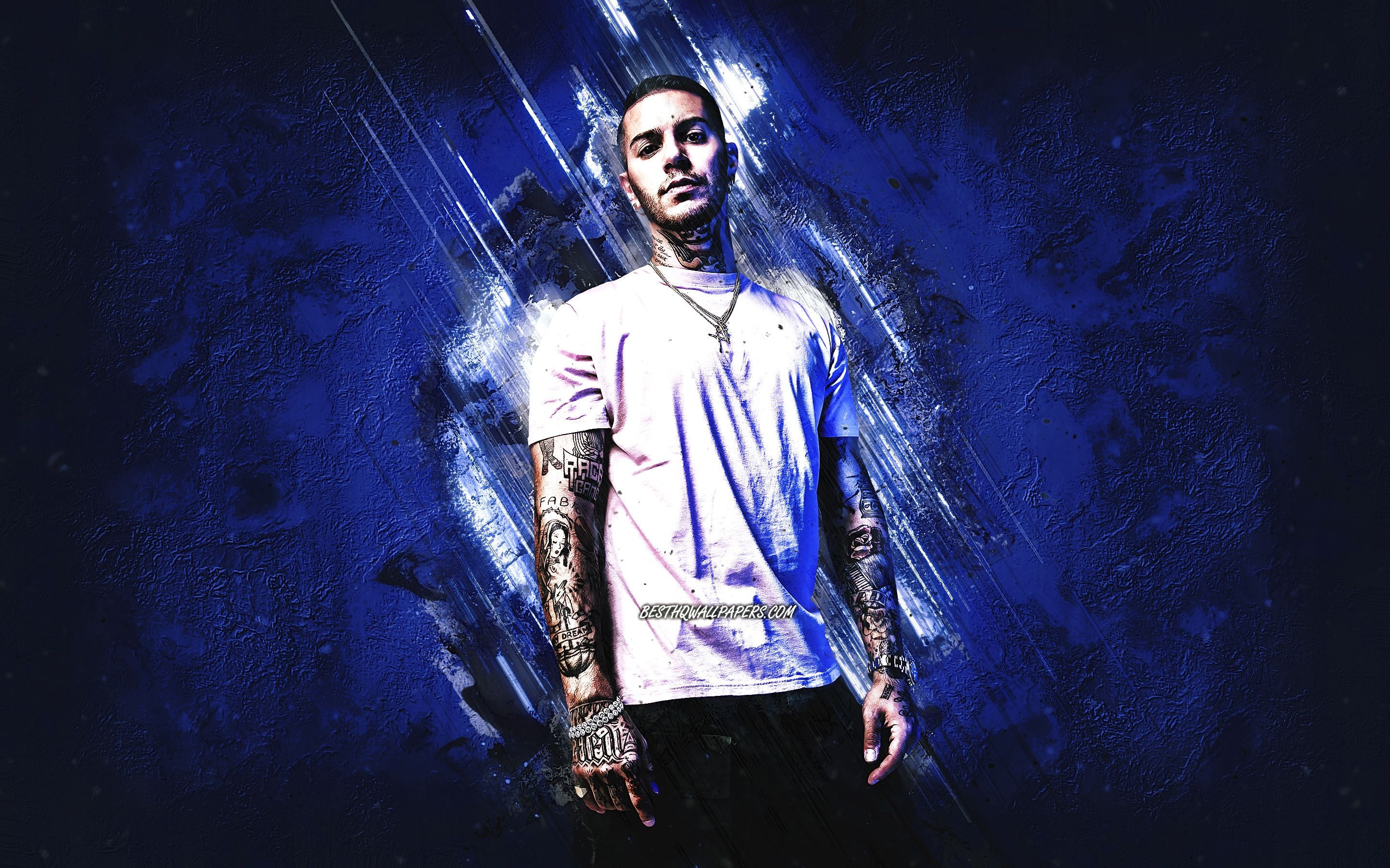 2880x1800 Download wallpaper Tedua, Italian rapper, Mario Molinari, portrait, blue stone background, creative art for desktop with resolution. High Quality HD picture wallpaper, Desktop