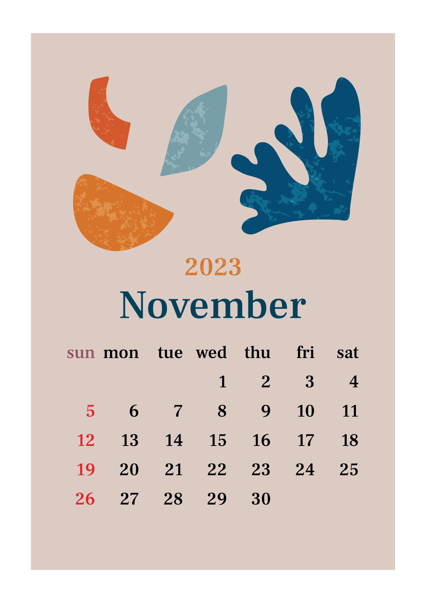 1360x1920 The page with the month November 2023 with abstract organic shapes in muted tones. Vertical poster in aesthetic style in pastel colors. Vector illustration design, Phone