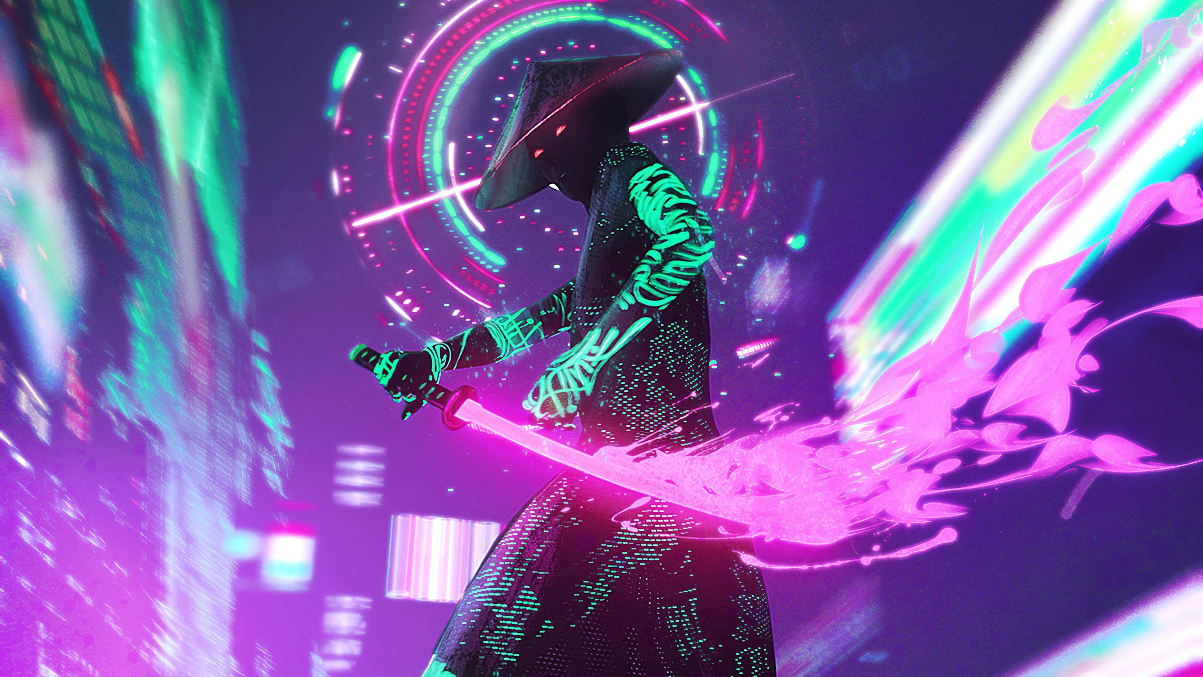 3840x2160 Neon Samurai Cyberpunk iPad Pro Retina Display Wallpaper, HD Artist 4K Wallpaper, Desktop