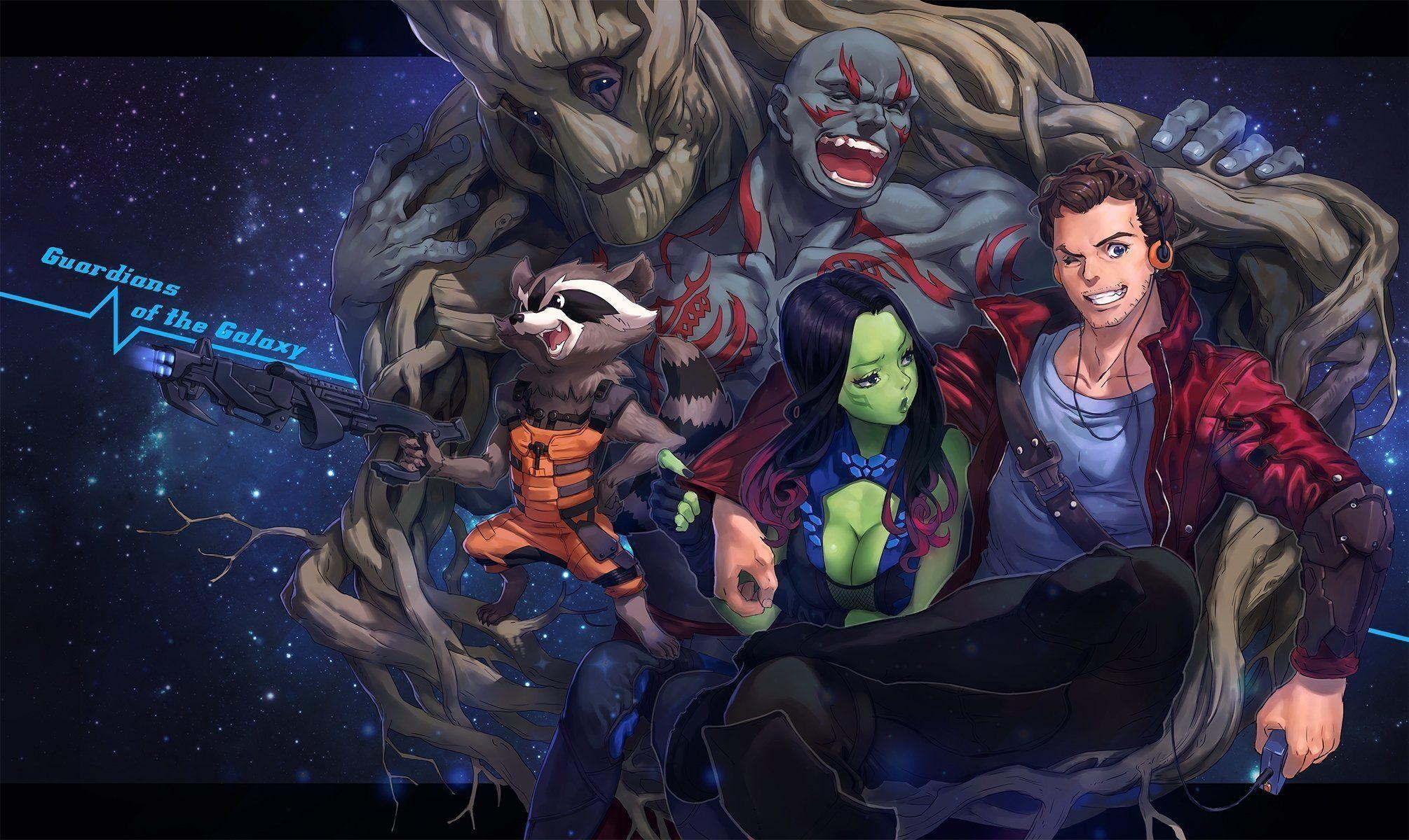 2010x1200 art mhk girl gamora man drax the destroyer groot peter quill, Desktop