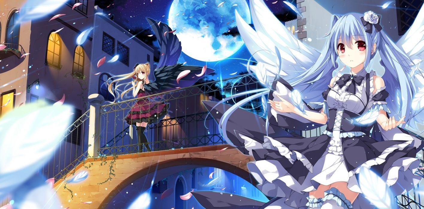 1420x700 Anime girls angel devil wings moon feathers night wallpaper, Dual Screen