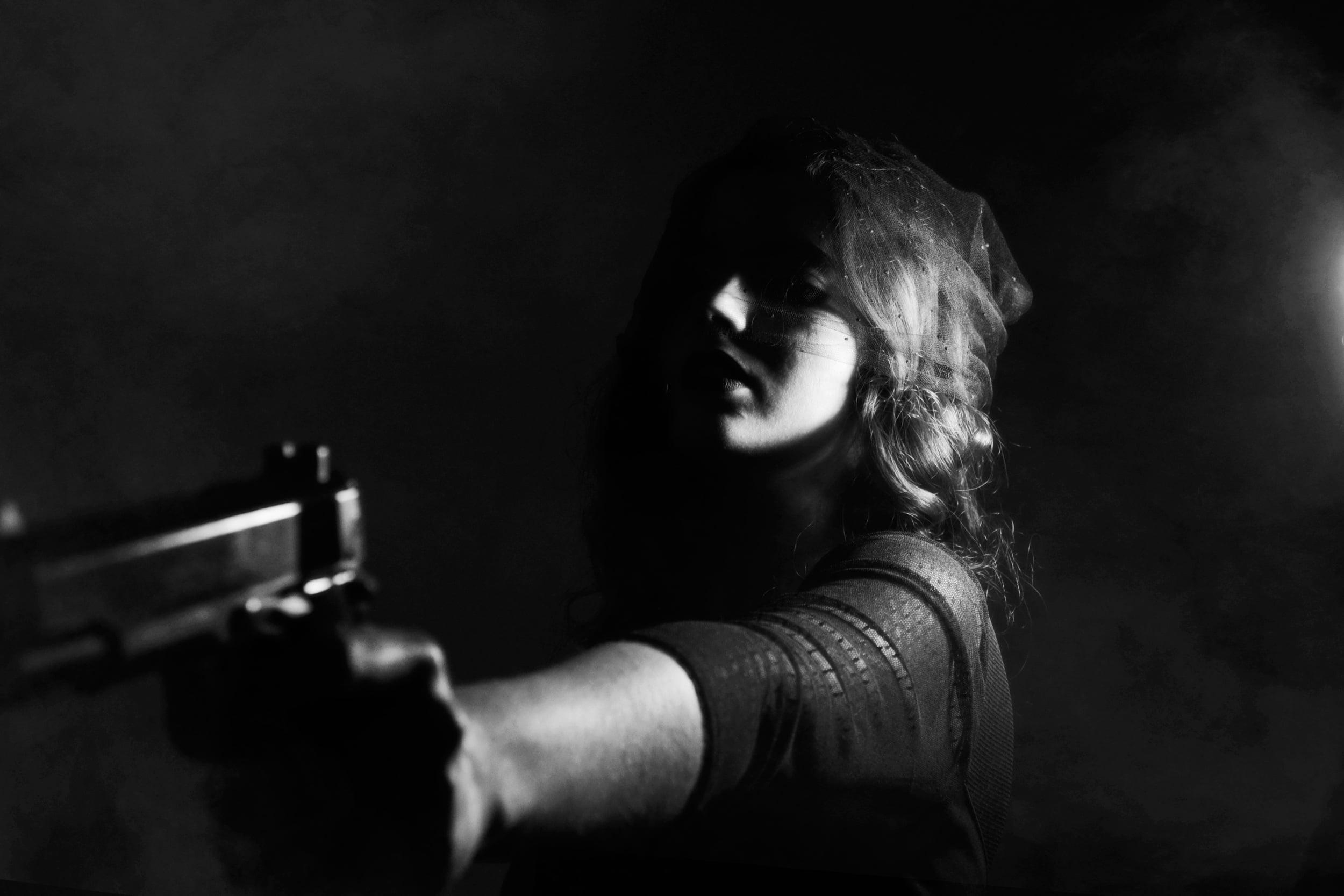 2500x1670 Grayscale photography of woman holding semi automatic pistol, Desktop