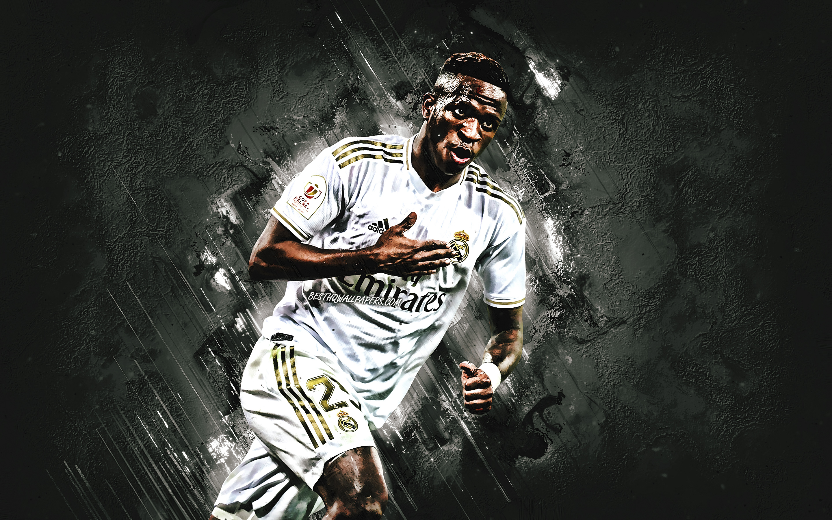 2880x1800 Download wallpaper Vinicius Junior, Real Madrid, portrait, Brazilian soccer player, midfielder, gray stone background, La Liga, Spain for desktop with resolution. High Quality HD picture wallpaper, Desktop