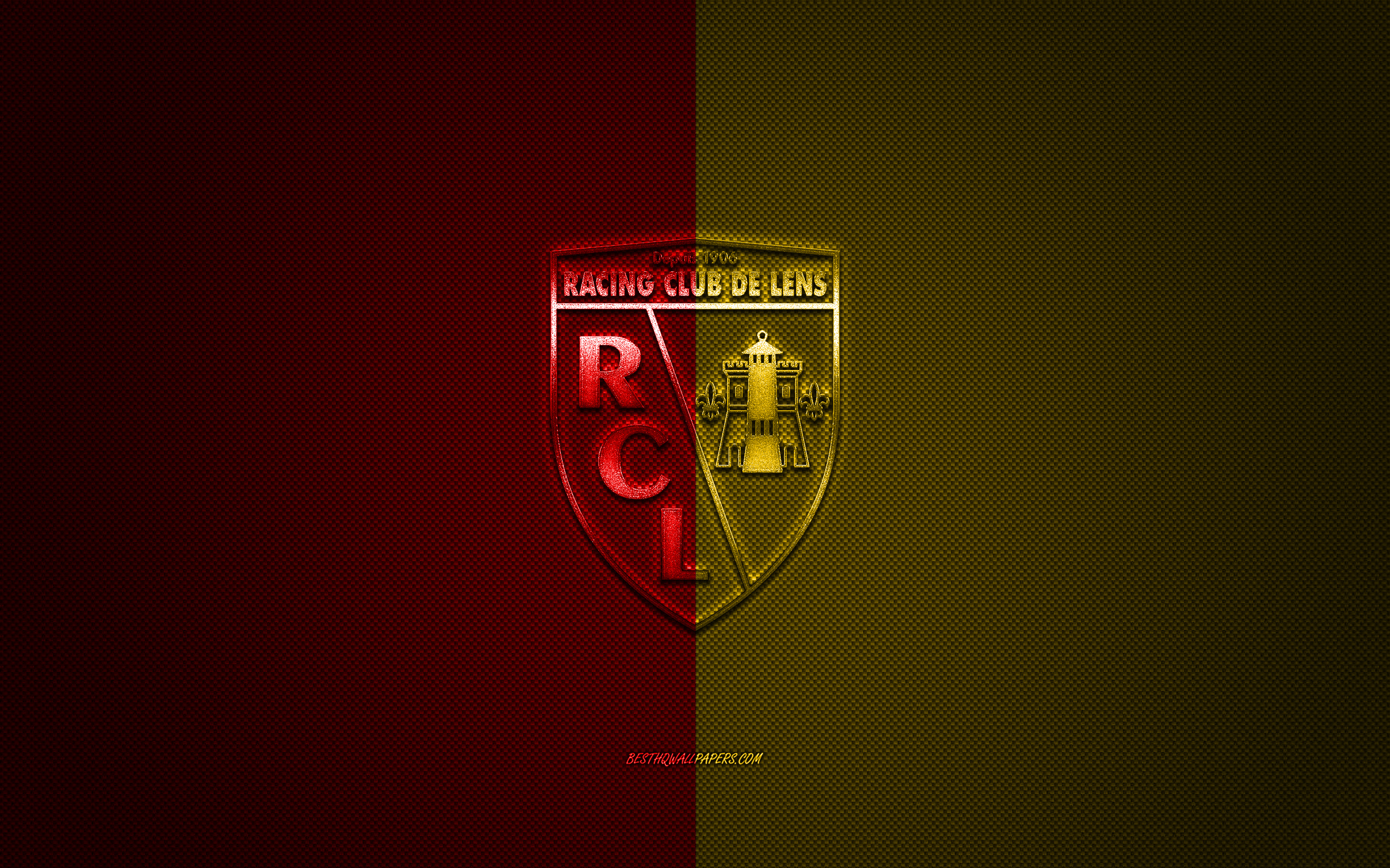 2560x1600 Download wallpaper RC Lens, French football club, Ligue red yellow logo, red yellow carbon fiber background, football, Lens, France, RC Lens logo for desktop with resolution. High Quality HD picture, Desktop