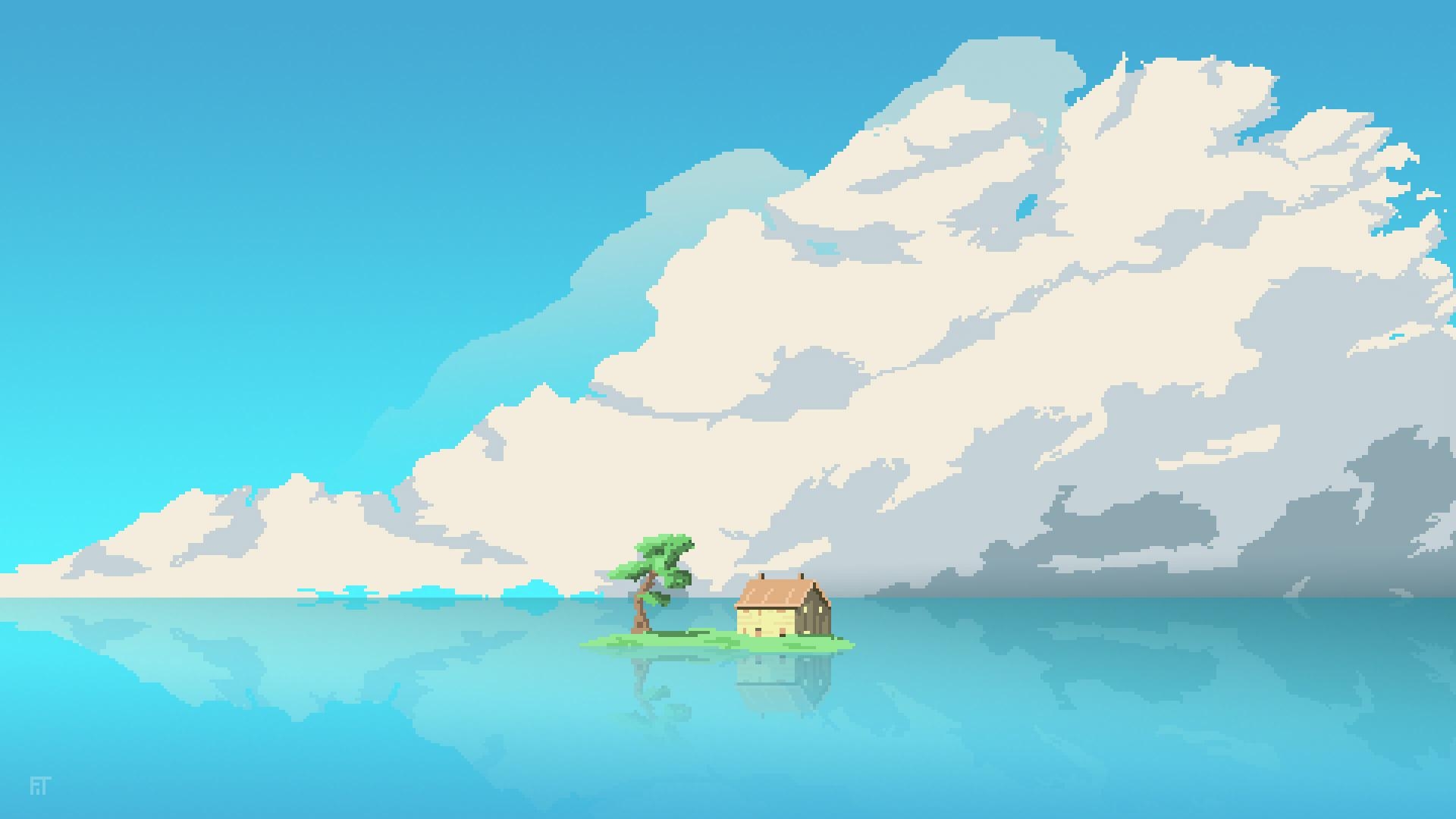 1920x1080 Bit Artwork House Island In Middle Of Water Laptop HD HD, Desktop