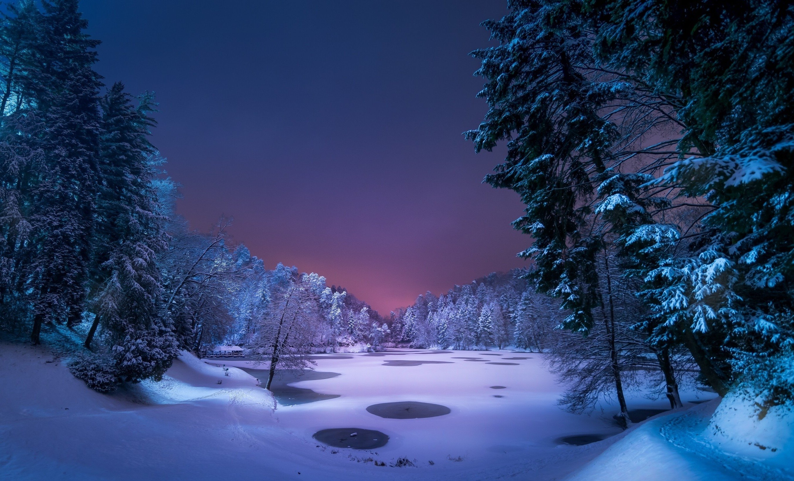 2710x1650 Night, Landscape, Snow, Ice, Winter, Trees, Nature Wallpaper & Background Download, Desktop