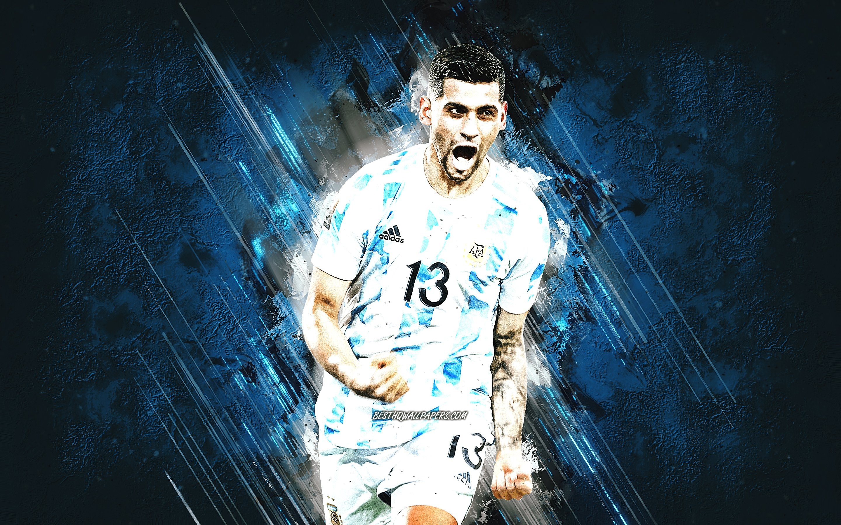 2880x1800 Download wallpaper Cristian Romero, Argentina national football team, Argentine footballer, portrait, Argentina, football, blue stone background for desktop with resolution. High Quality HD picture wallpaper, Desktop