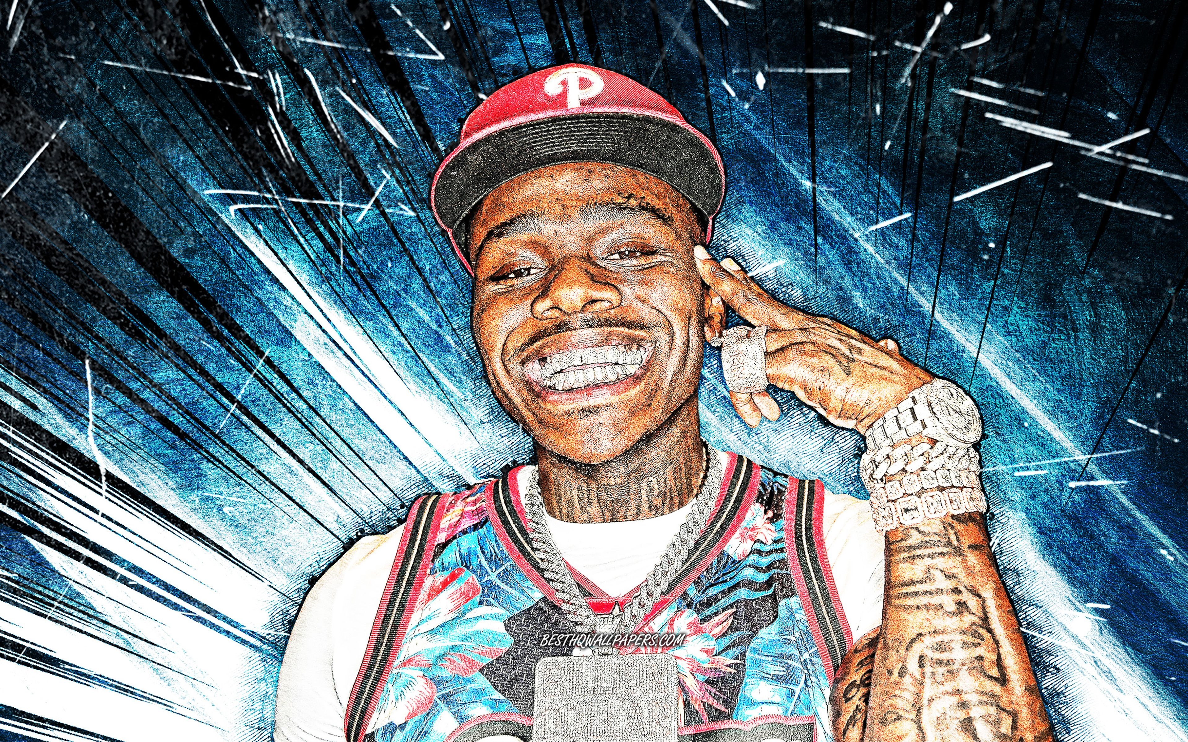 3840x2400 Download wallpaper 4k, DaBaby, grunge art, american rapper, music stars, creative, Jonathan Lyndale Kirk, blue abstract rays, american celebrity, DaBaby 4K for desktop with resolution. High Quality HD picture wallpaper, Desktop