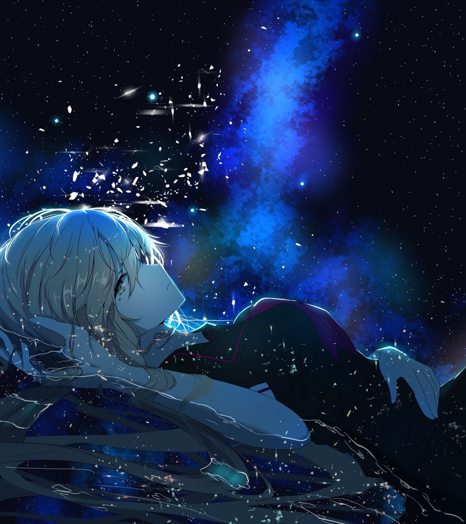 1920x2160 Anime Girl, Lying Down, Butterfly, Profile View, Stars Desk Background HD Wallpaper, Phone