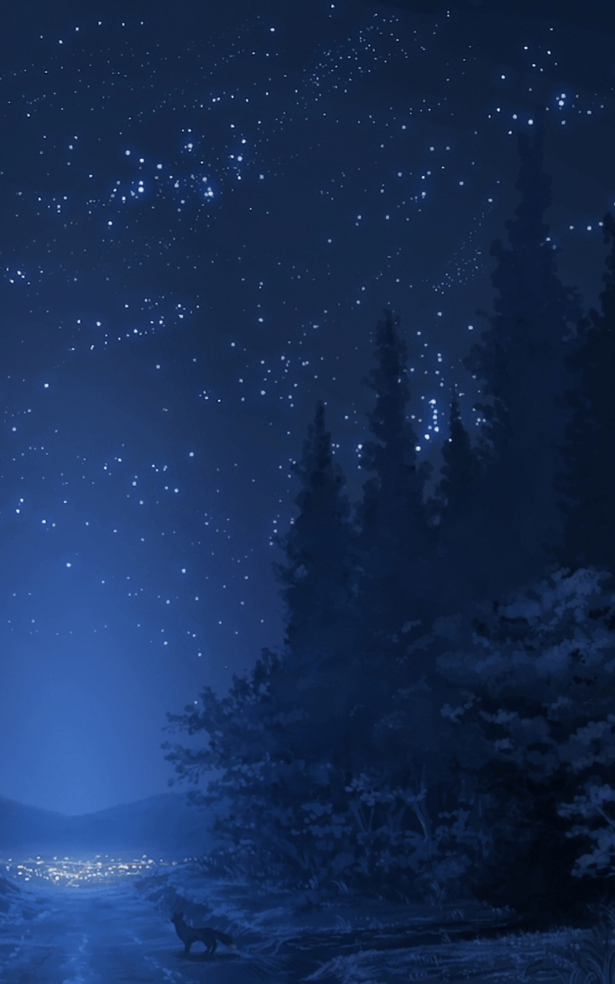 1200x1920 Download  Anime Landscape, Forest, Night, Stars, Wolf, Phone