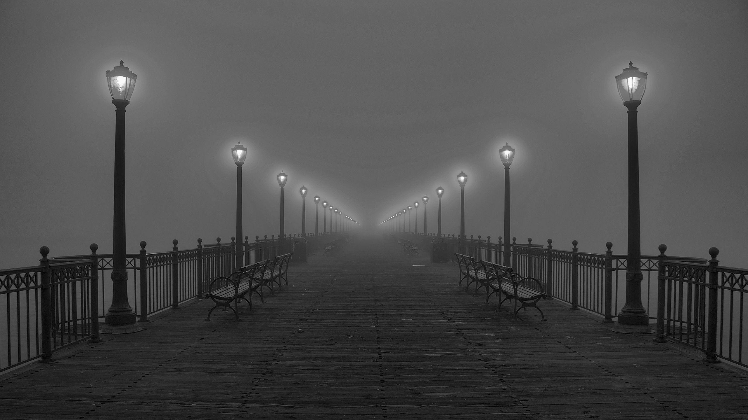 2560x1440 Black And Wallpaper  Black, And, White, Fog, Pier, Lamps, Desktop