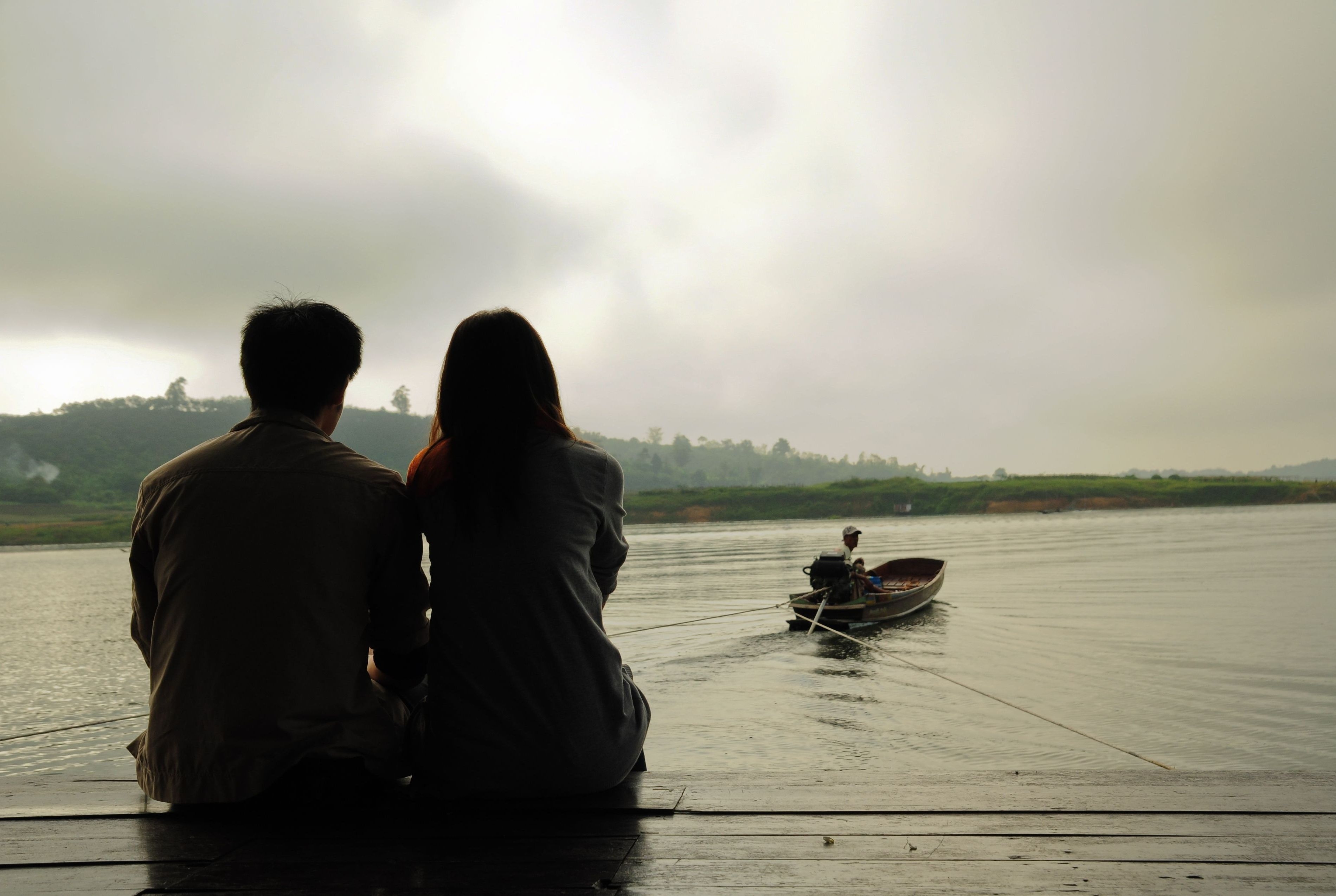 3800x2550 Wallpaper Couple, Love, Boat, Sea, River, Evening And Girl Sitting Alone, Desktop