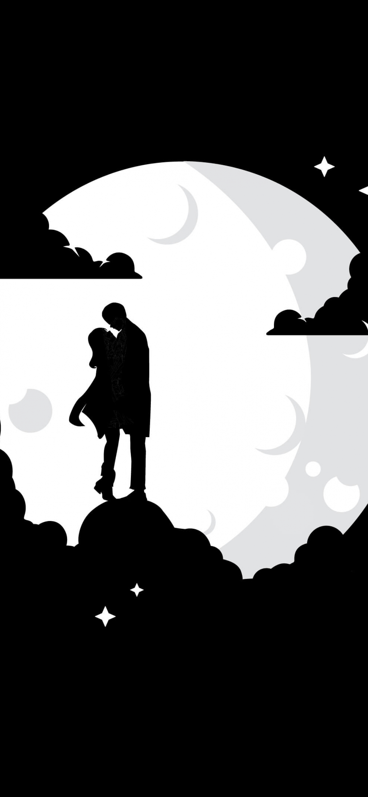 1290x2780 Couple Wallpaper 4K, Silhouette, Moon, Black Background, AMOLED, Black Dark, Phone