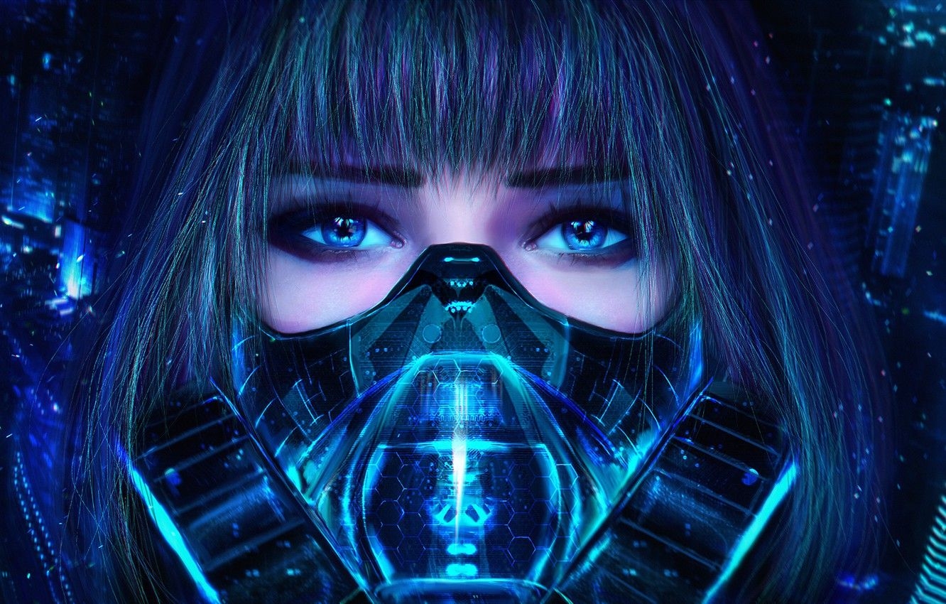 1340x850 Wallpaper eyes, look, girl, mask, art, respirator, cyberpunk image for desktop, section фантастика, Desktop