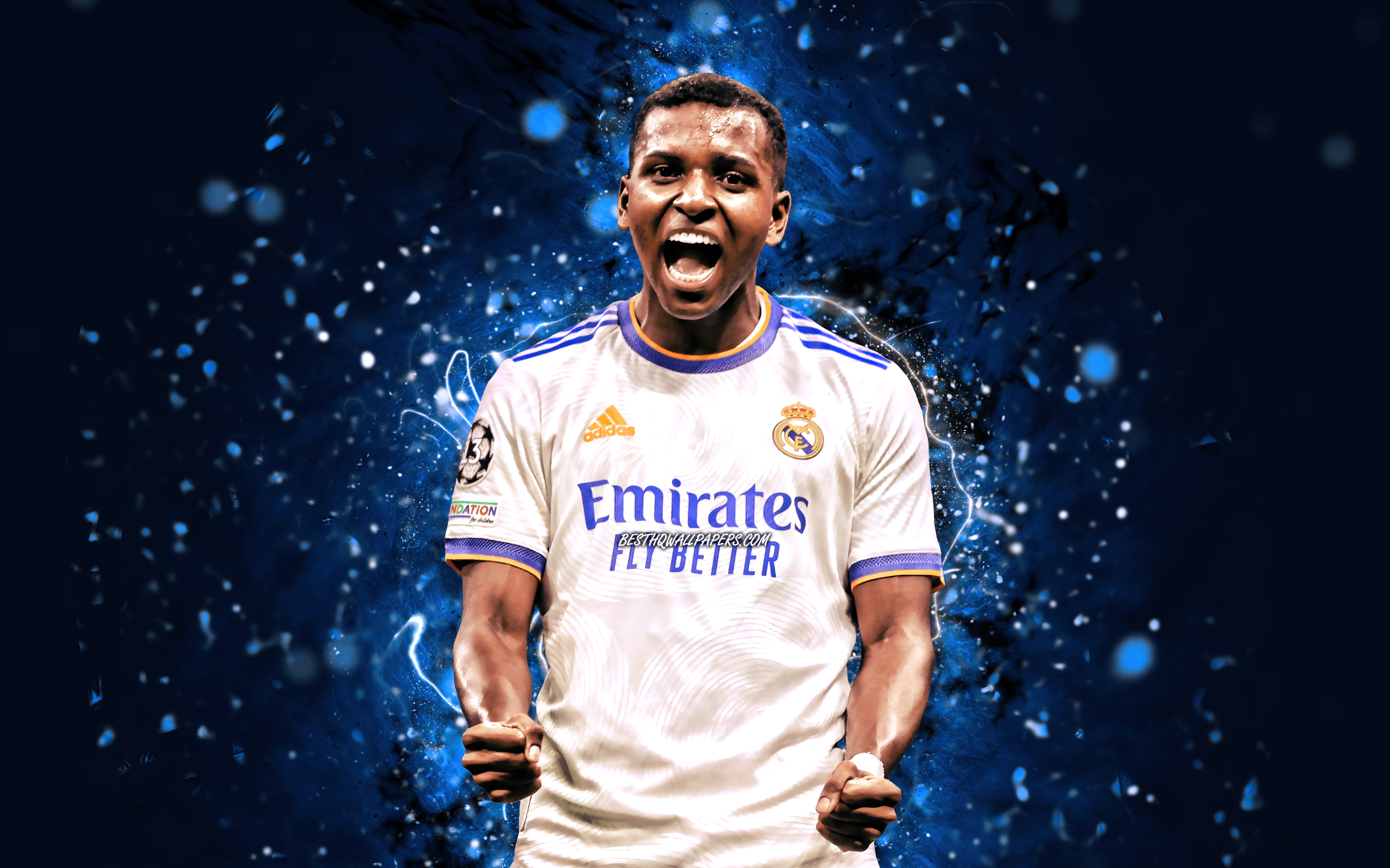 3840x2400 Download wallpaper Rodrygo Goes, 4k, Real Madrid FC, brazilian footballers, La Liga, Rodrygo Silva de Goes, blue neon lights, soccer, football, Real Madrid CF, LaLiga, Rodrygo Goes 4K, Rodrygo GoesReal Madrid, Desktop