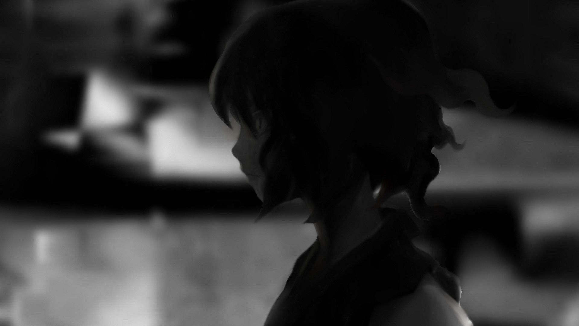 1920x1080 black and white, video games, Touhou, dark, shinigami, short hair, monochrome, profile, Onozuka Komachi, anime girls wallpaper, Desktop