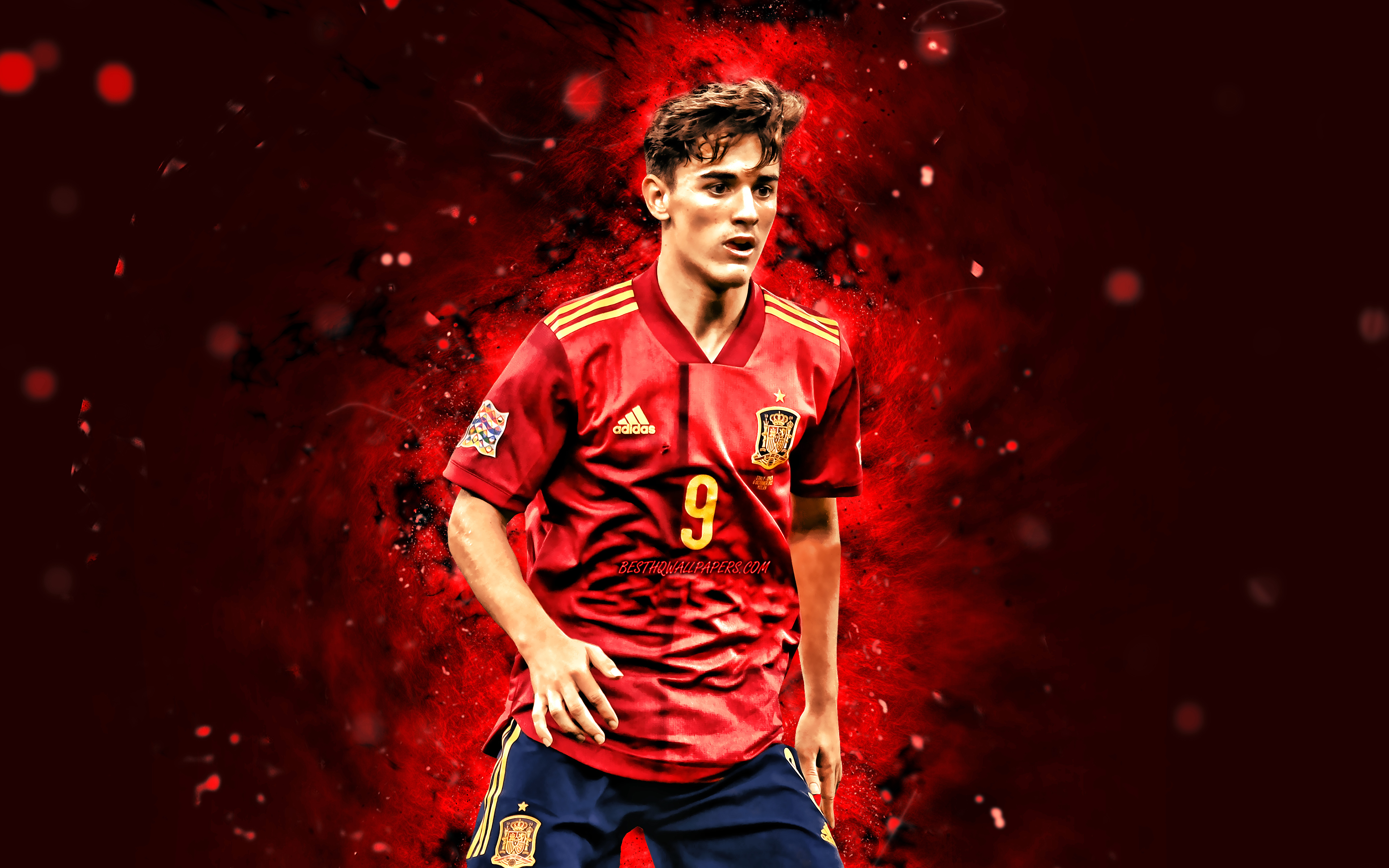 3840x2400 Download wallpaper Gavi, 4k, Spain National Team, soccer, footballers, Pablo Martin Paez Gavira, red neon lights, Spanish football team, Gavi 4K for desktop with resolution. High Quality HD picture wallpaper, Desktop