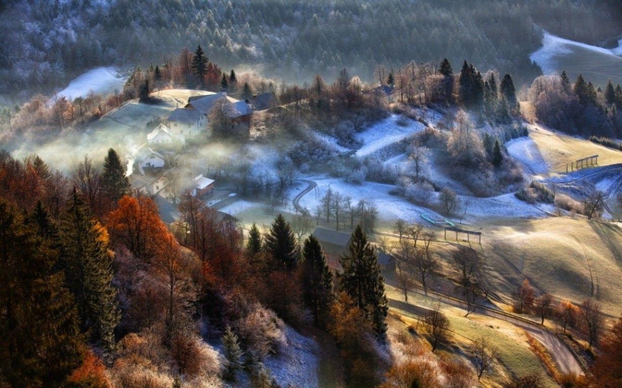 1230x770 nature, Landscape, Mountain, Village, Trees, Fall, Sunrise, Snow, Desktop