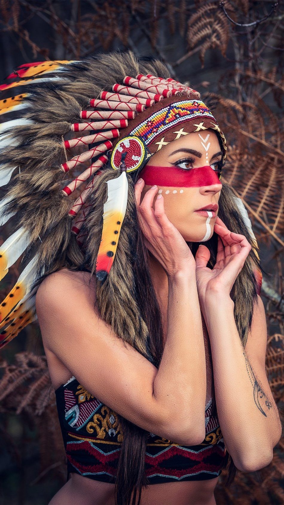 950x1690 Girl Headdress Native American 4K Ultra HD Mobile Wallpaper, Phone