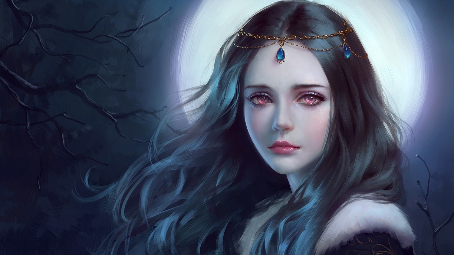 1500x850 fantasy art women hair princess night red eyes crown teen queen dark trees wallpaper, Desktop