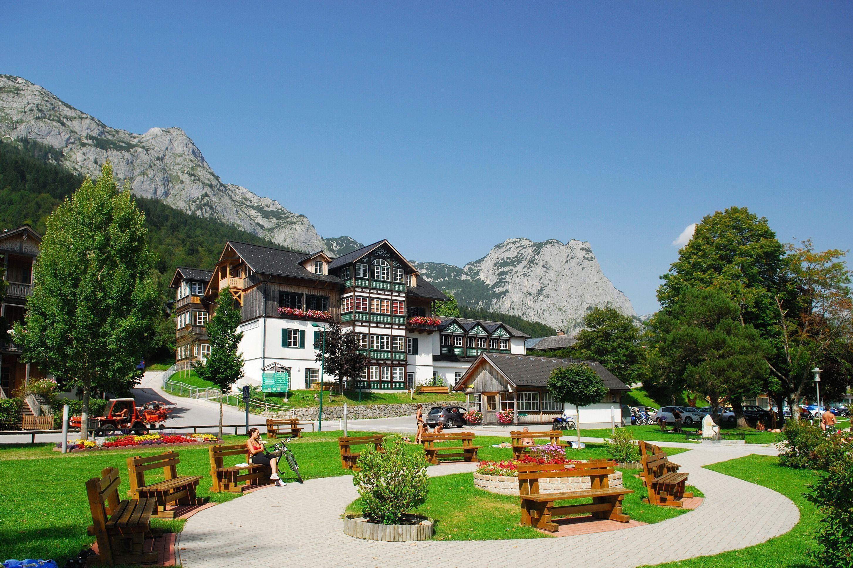 2910x1940 Wallpaper, Austria, Houses, Sky, Mountains, Landscape, , Bench, Desktop