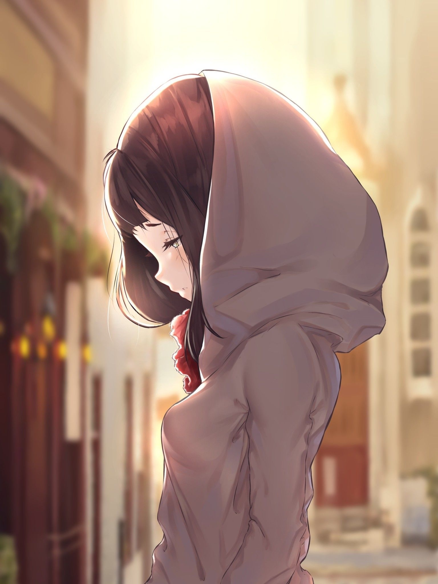 1540x2050 Download  Anime Girl, Hoodie, Closed Eyes, Brown Hair Wallpaper for Apple iPad Mini, Apple IPad 4, Phone