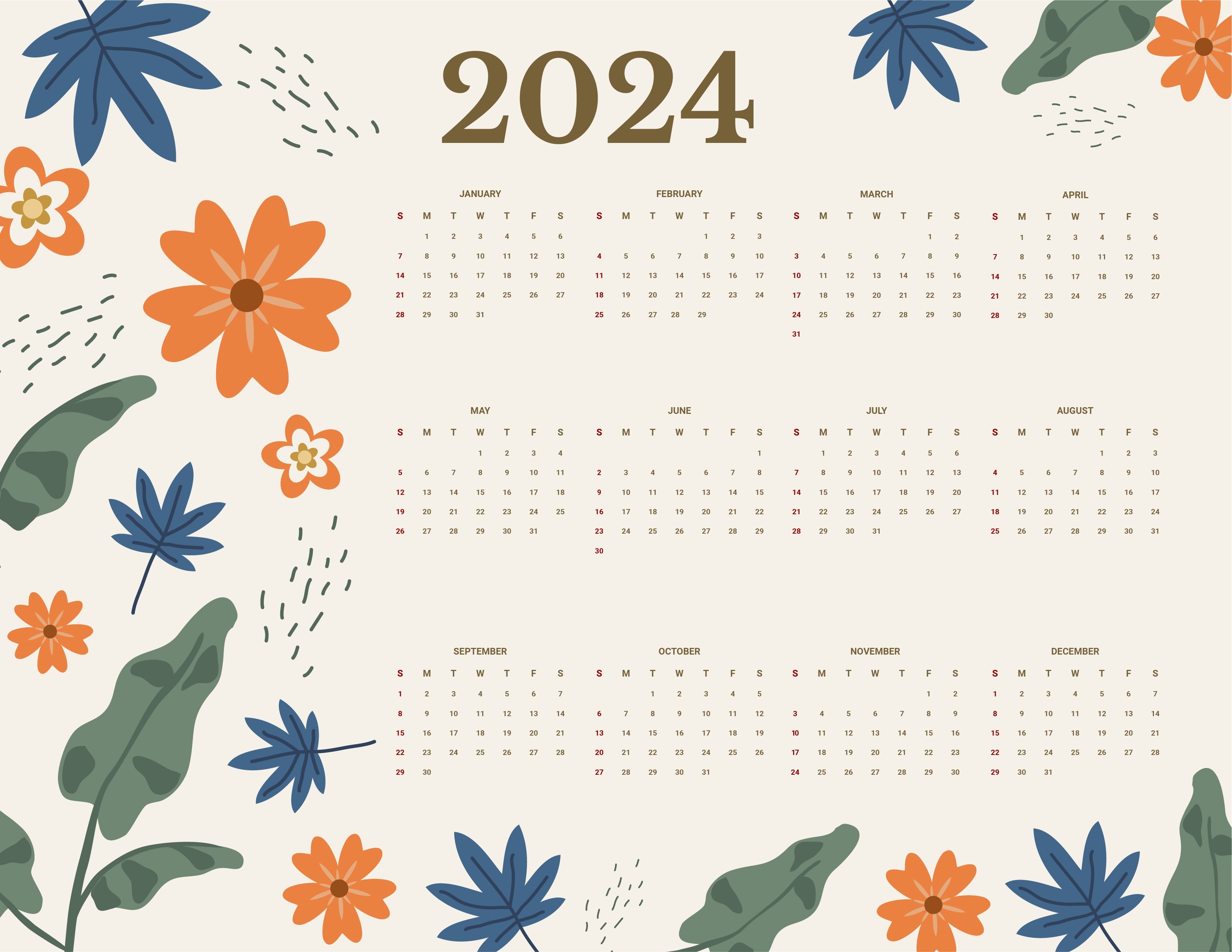 3310x2560 Floral Year 2024 Calendar in Word, Google Docs, Illustrator, EPS, SVG, JPG, Desktop