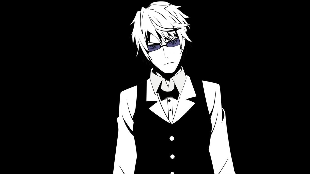 1250x700 Black and white blue eyes sunglasses short hair Durarara!! Heiwajima Shizuo monochrome anime boys bowtie simple background black background wallpaperx1080, Desktop