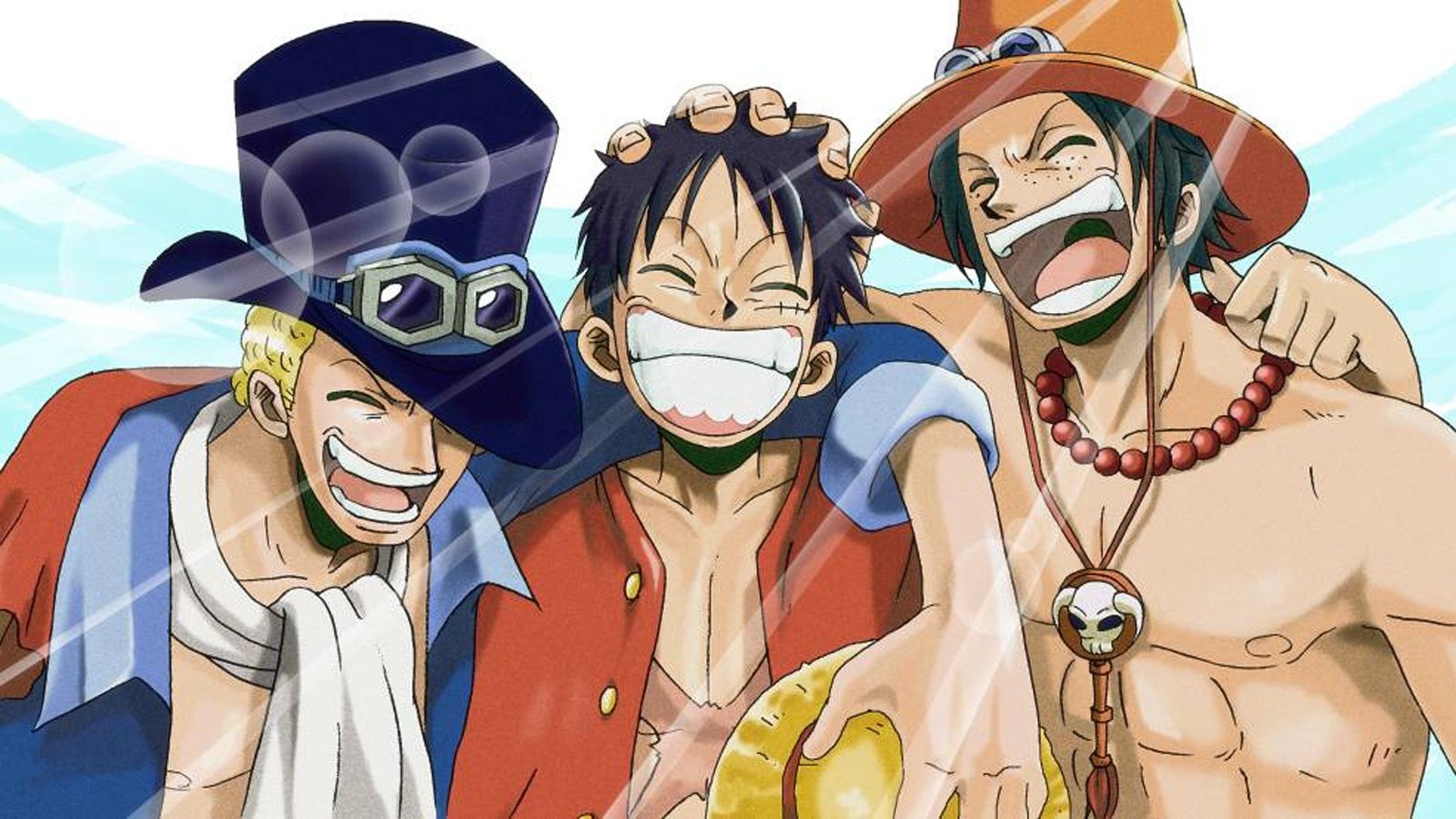 1600x900 Original anime series group one piece luffy ace sabo ne piece smile friends wallpaperx900, Desktop