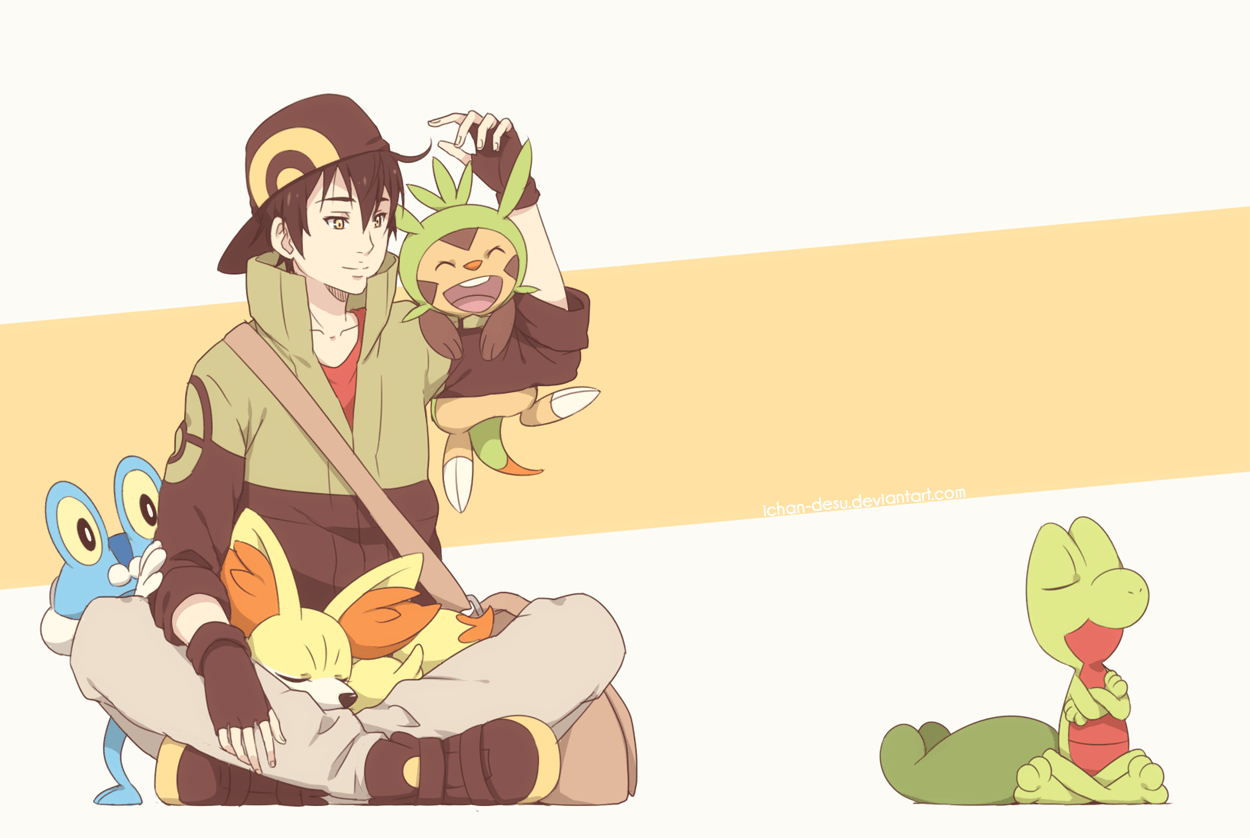 1250x840 brown hair, chespin, fennekin, froakie, hat, pokemon, treecko, Desktop