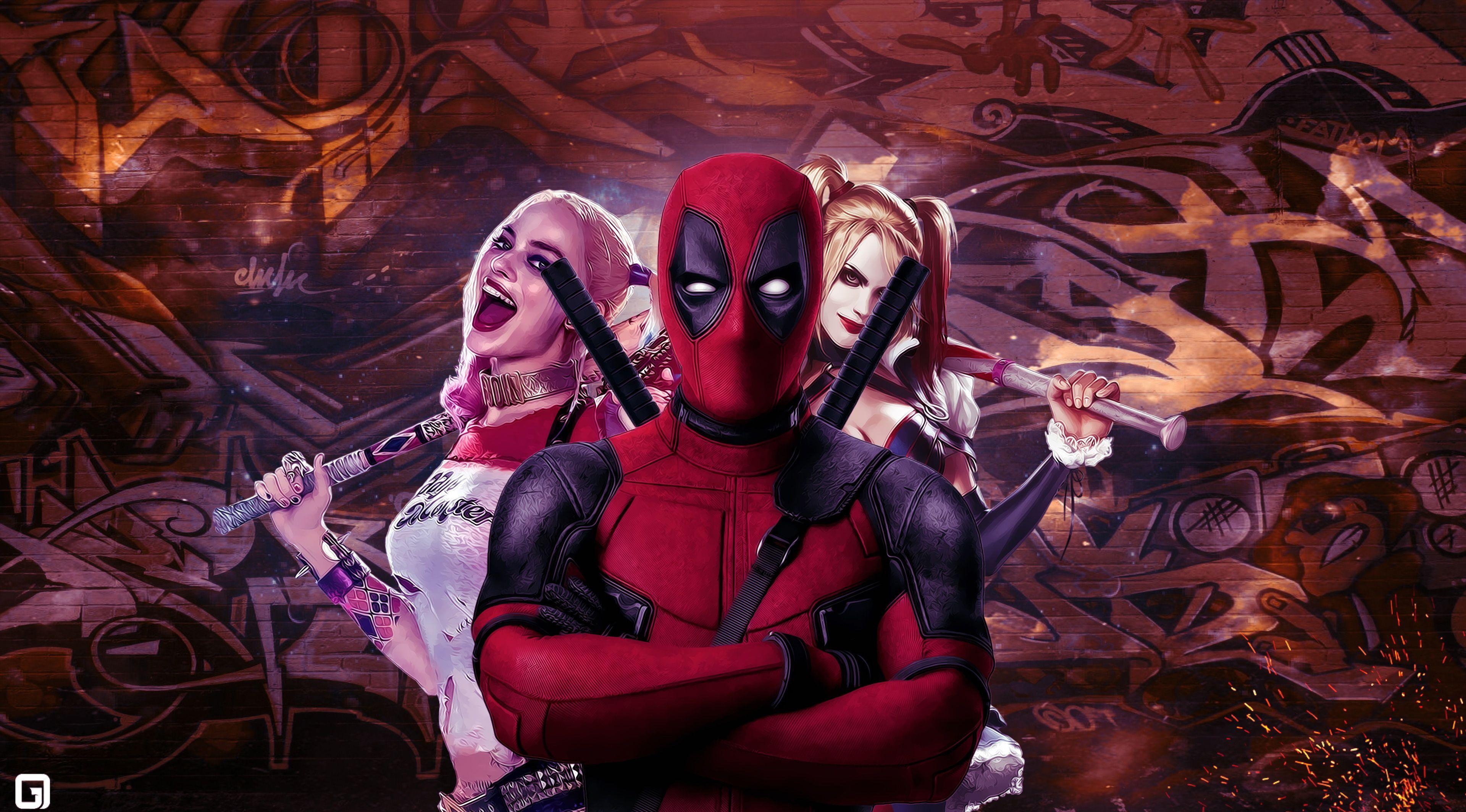 3840x2130 Wallpaper Deadpool, Harley Quinn, Artwork, 4K, Movies, Desktop