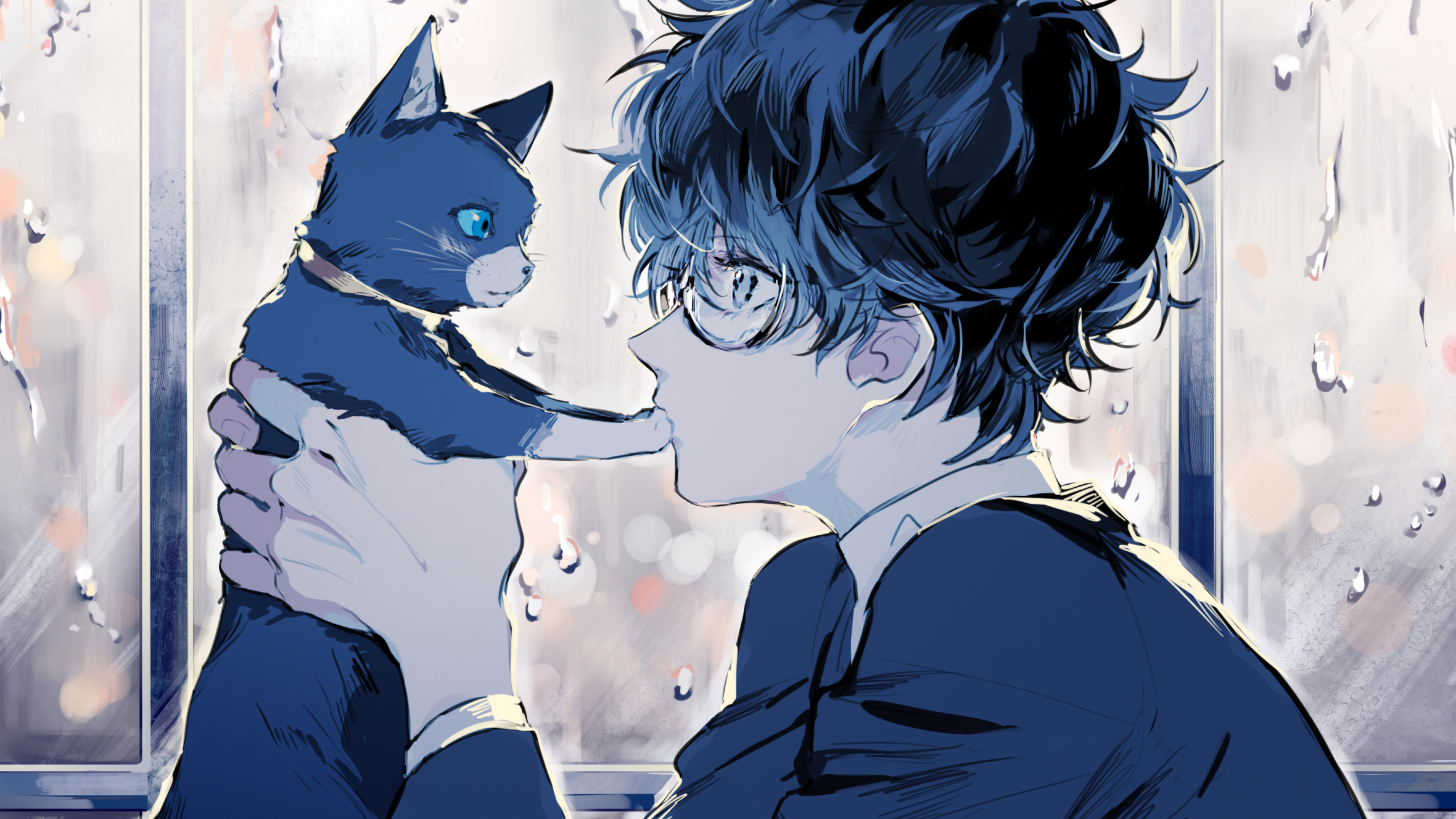 3840x2160 Persona Kurusu Akira, Anime Boy, Cat, Glasses, Profile Blue Hair Anime Boys HD Wallpaper, Desktop