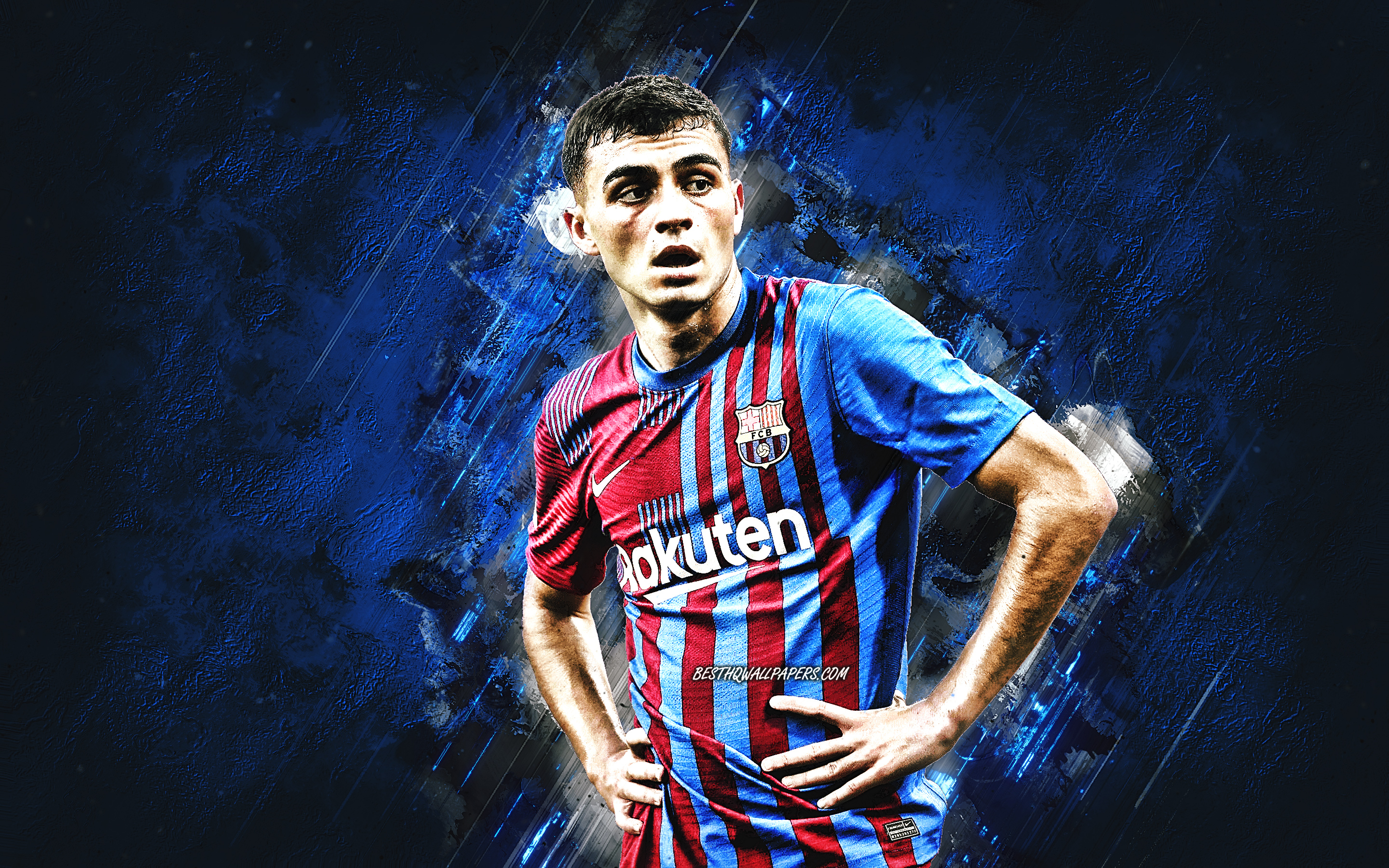 2880x1800 Download wallpaper Pedri, Barcelona FC, Spanish footballer, attacking midfielder, blue stone background, La Liga, Spain, football, Pedro Gonzalez Lopez for desktop with resolution. High Quality HD picture wallpaper, Desktop