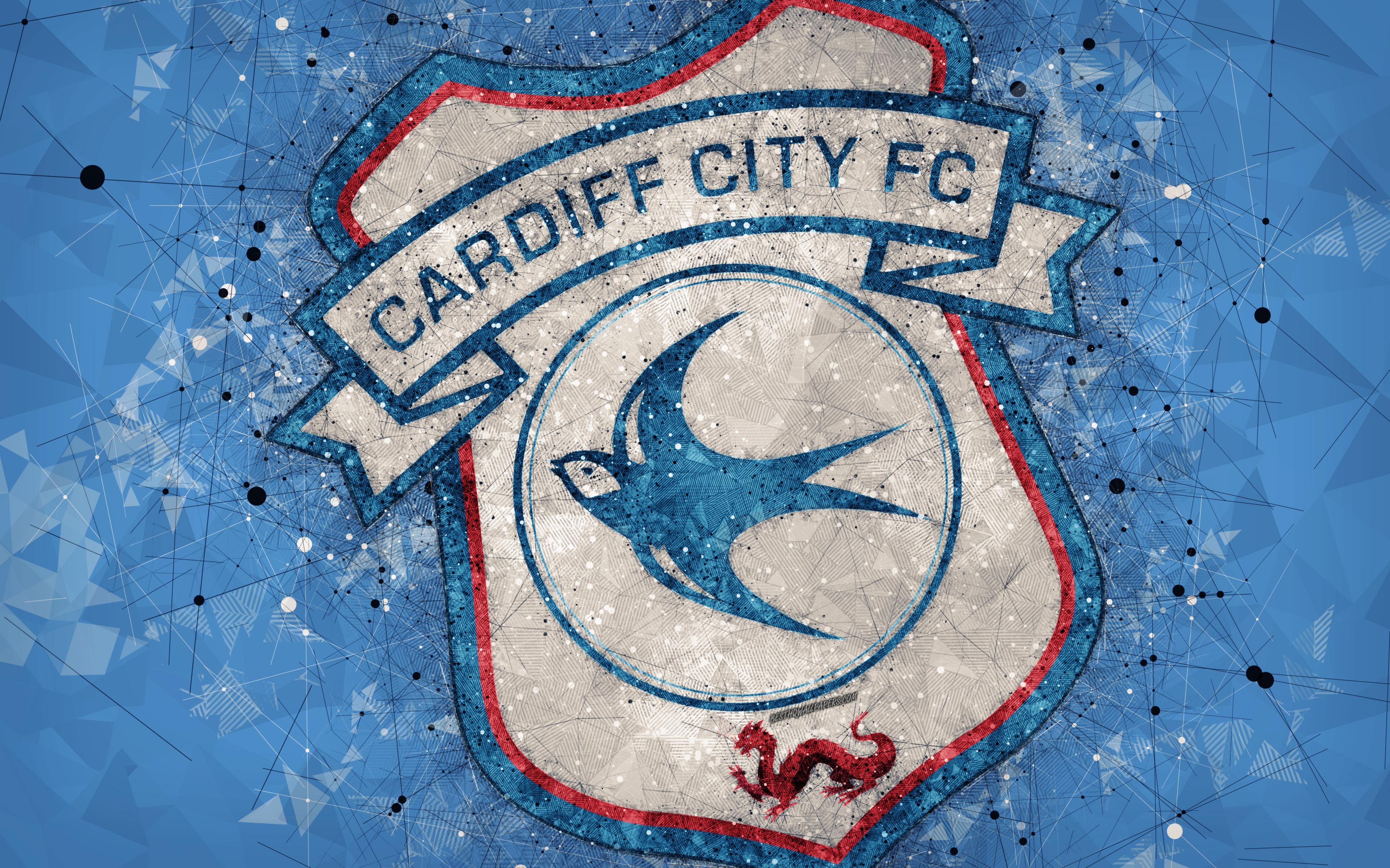 3840x2400 Download wallpaper Cardiff City FC, 4k, geometric art, logo, blue, Desktop