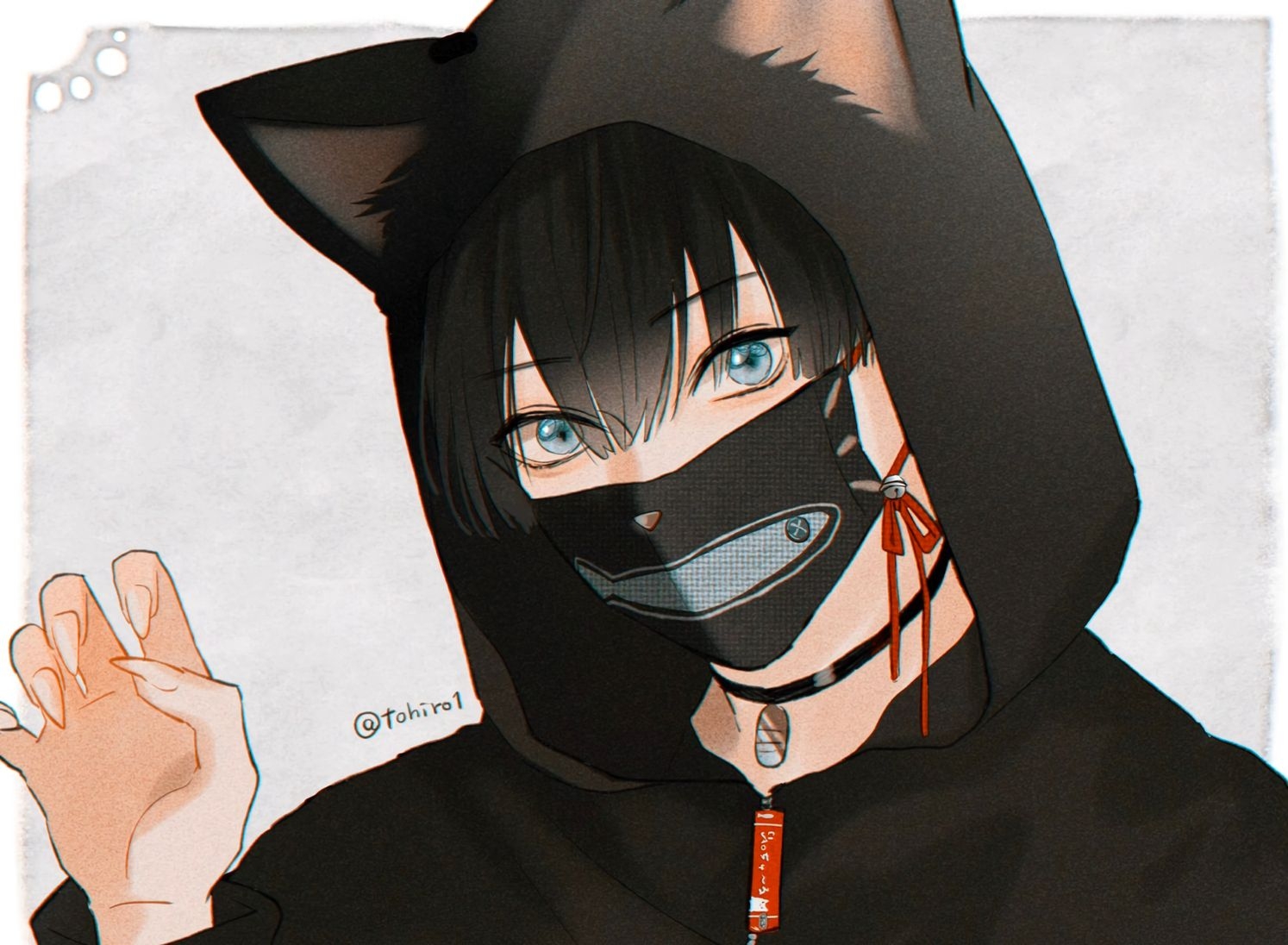 1500x1100 all male animal ears black hair blue eyes catboy choker close hoodie male mask original shijima tohiro signed. konachan.com.com Anime Wallpaper, Desktop