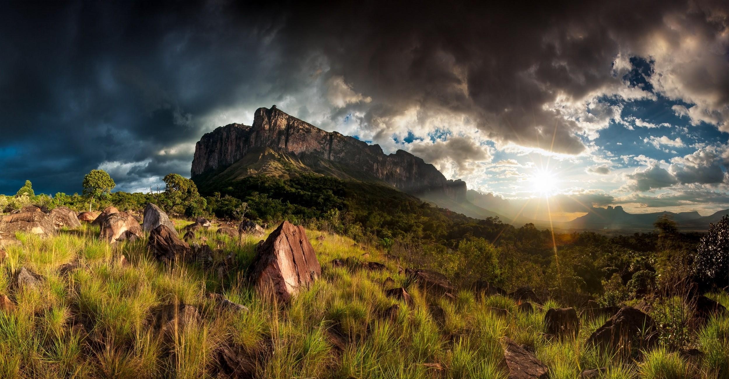 2500x1300 nature, Landscape, Mountain, Grass, Clouds, Sunset, Trees, Shrubs, Desktop