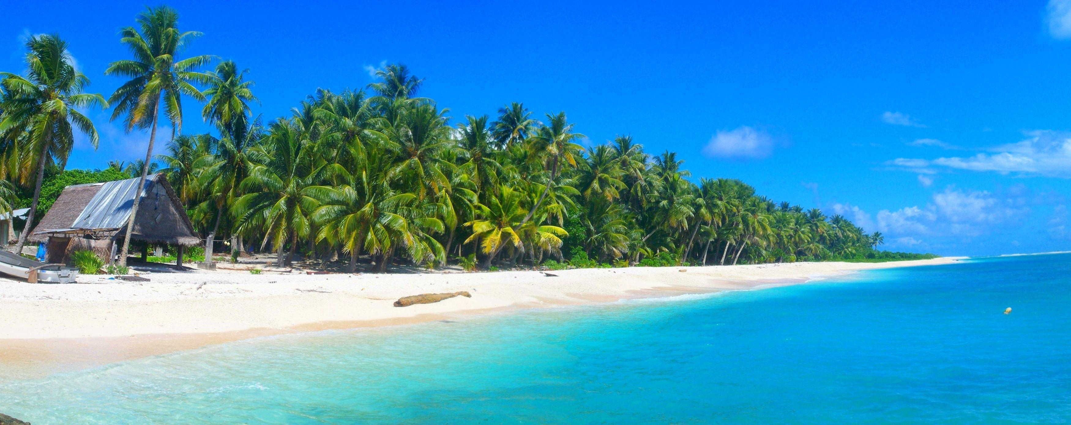 3500x1390 palm trees, summer, beautiful, beach, hut, white sand, boat, Dual Screen