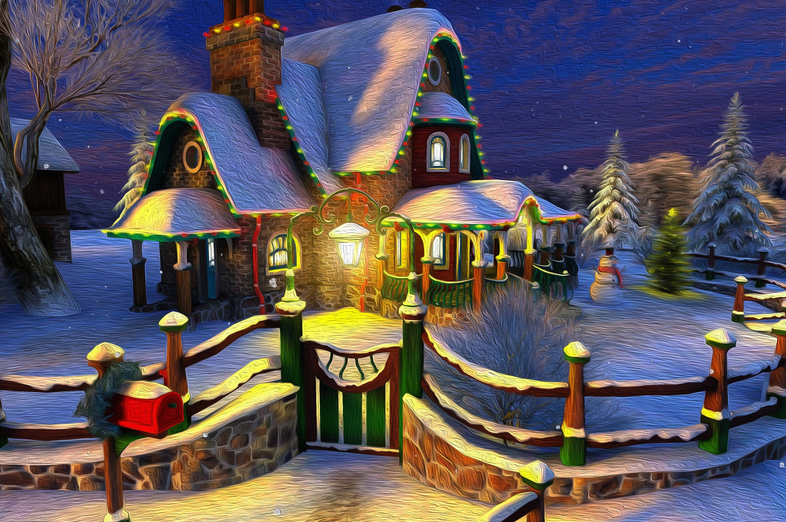 2560x1700 Download  Cozy House, Christmas Door, Fence, Snow, Winter Wallpaper for Chromebook Pixel, Desktop