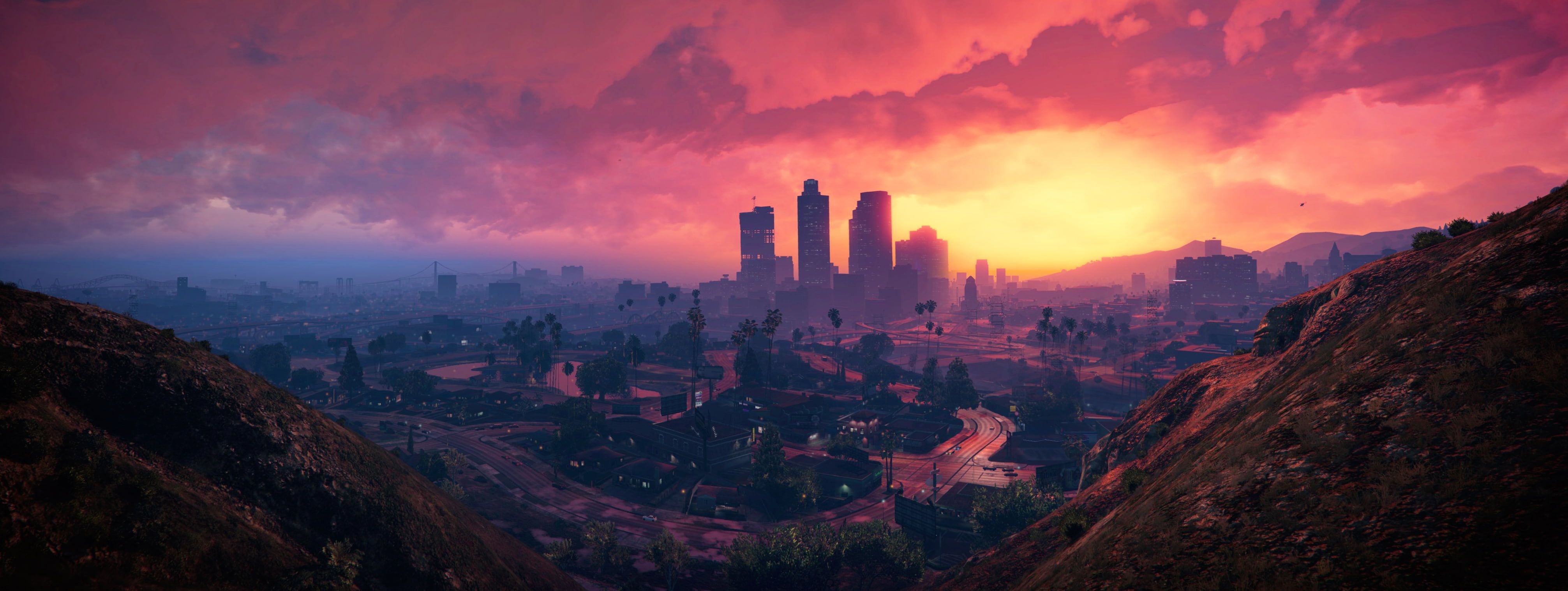 4030x1520 HD wallpaper: 4K, Grand Theft Auto V, Los Santos, Sunset. Grand theft auto, Gta, Cool wallpaper, Dual Screen