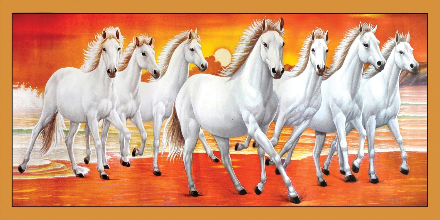 1500x750 INCLUDE Vastu White 7 Horse Running Painting Natural Wallpaper (Vinyl, 36x18 inch): Amazon.in: Home & Kitchen, Dual Screen